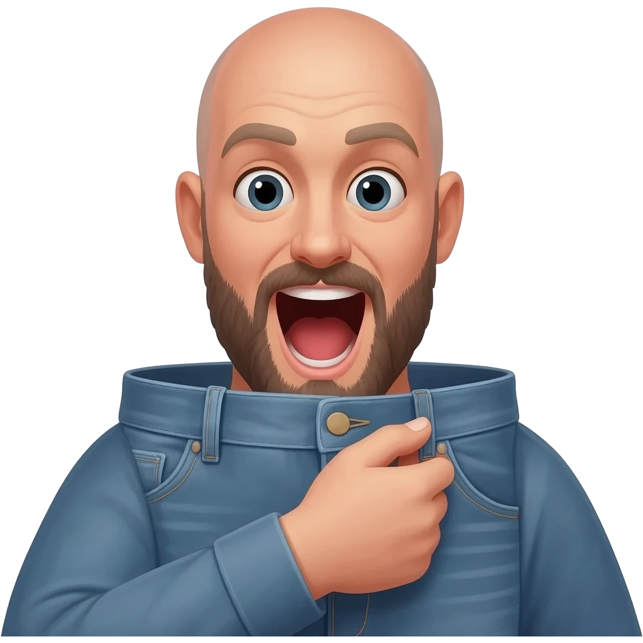 In profile a bald 35 year old guy with beard  has his mouth wide open close to a mans crotch as the man unbutton his jeans emoji