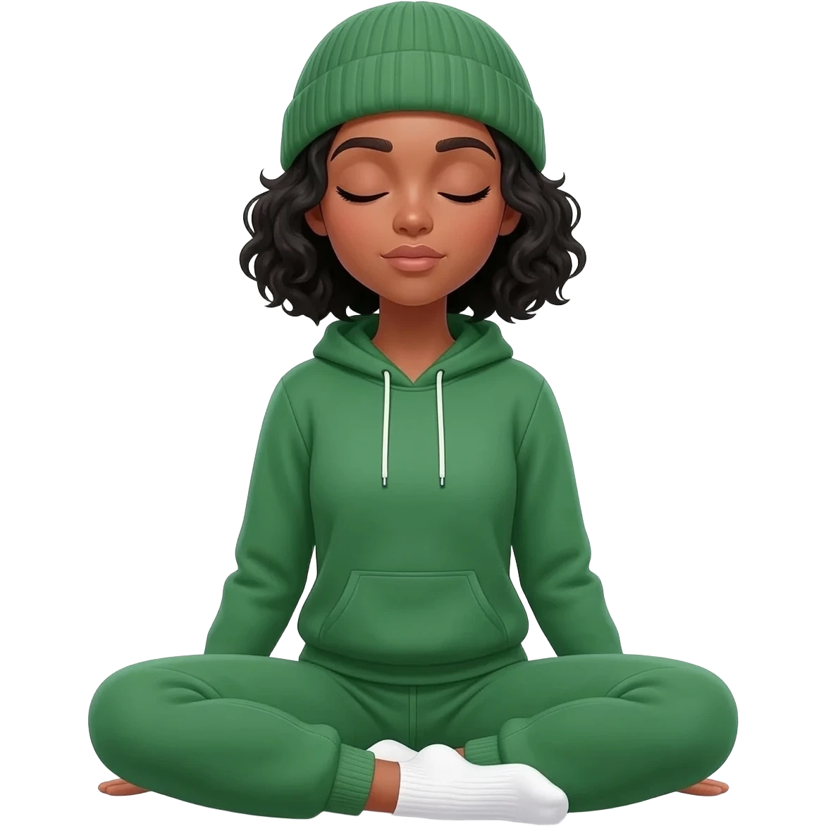Woman with short black curly neck length hair. Light Tan skin. Wearing a  green sweatsuit and a beanie hat. White socks. Doing a Yoga pose sitting on the floor with eyes closed and legs crossed.. emoji