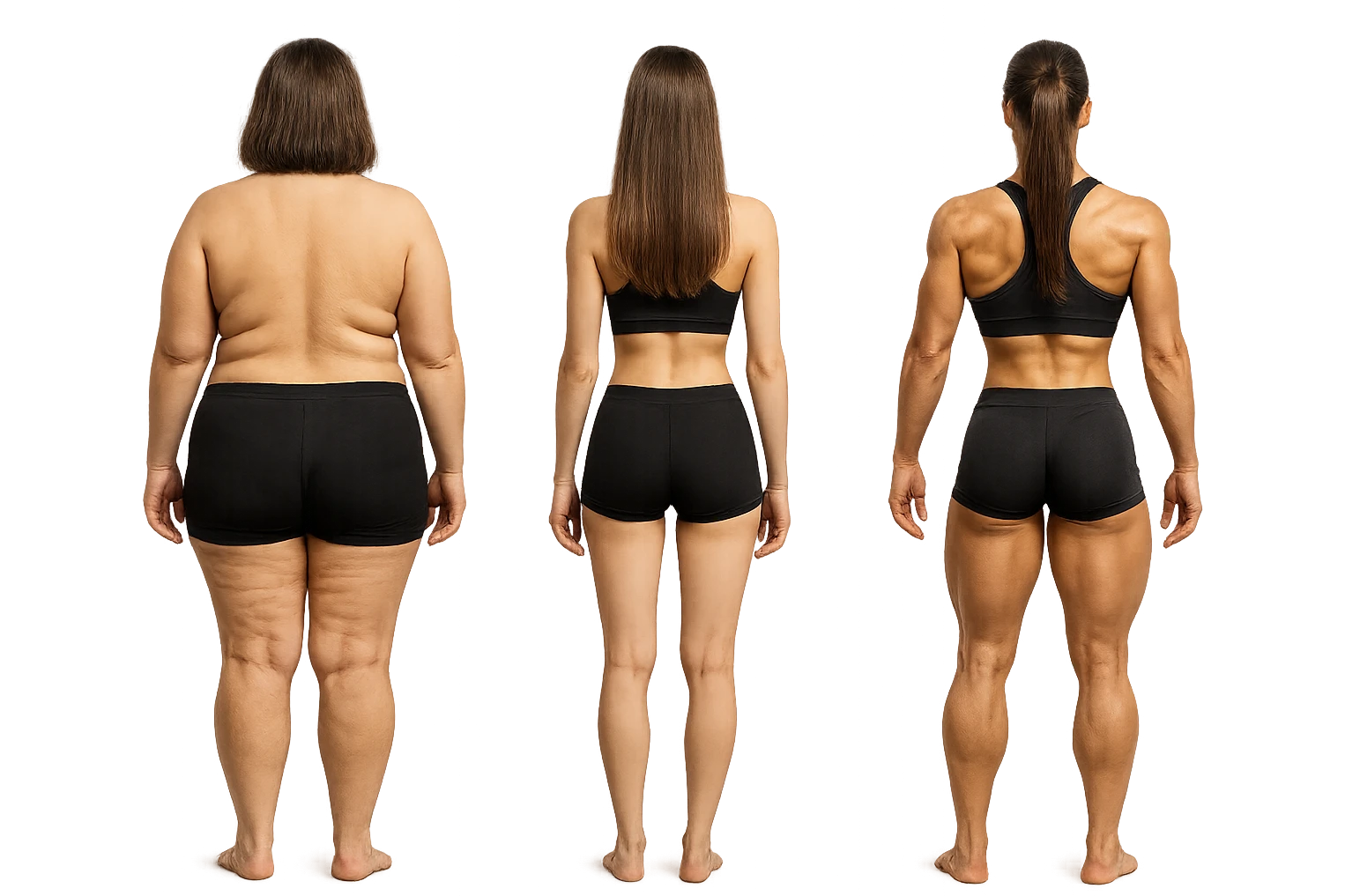 fai una donna di spalle in gym shorts leggermente sovrappeso e con cellulite e accanto una seconda donna di spalle magra (che è dimagrita post dieta) e accanto una terza donna in forma allenata e con le giuste proporzioni, l'immagine deve rappresentare il processo: da donna grassa, a donna piatta e magra, a donna allenata e in forma con i giusti muscoli, iperrealistico 4k emoji