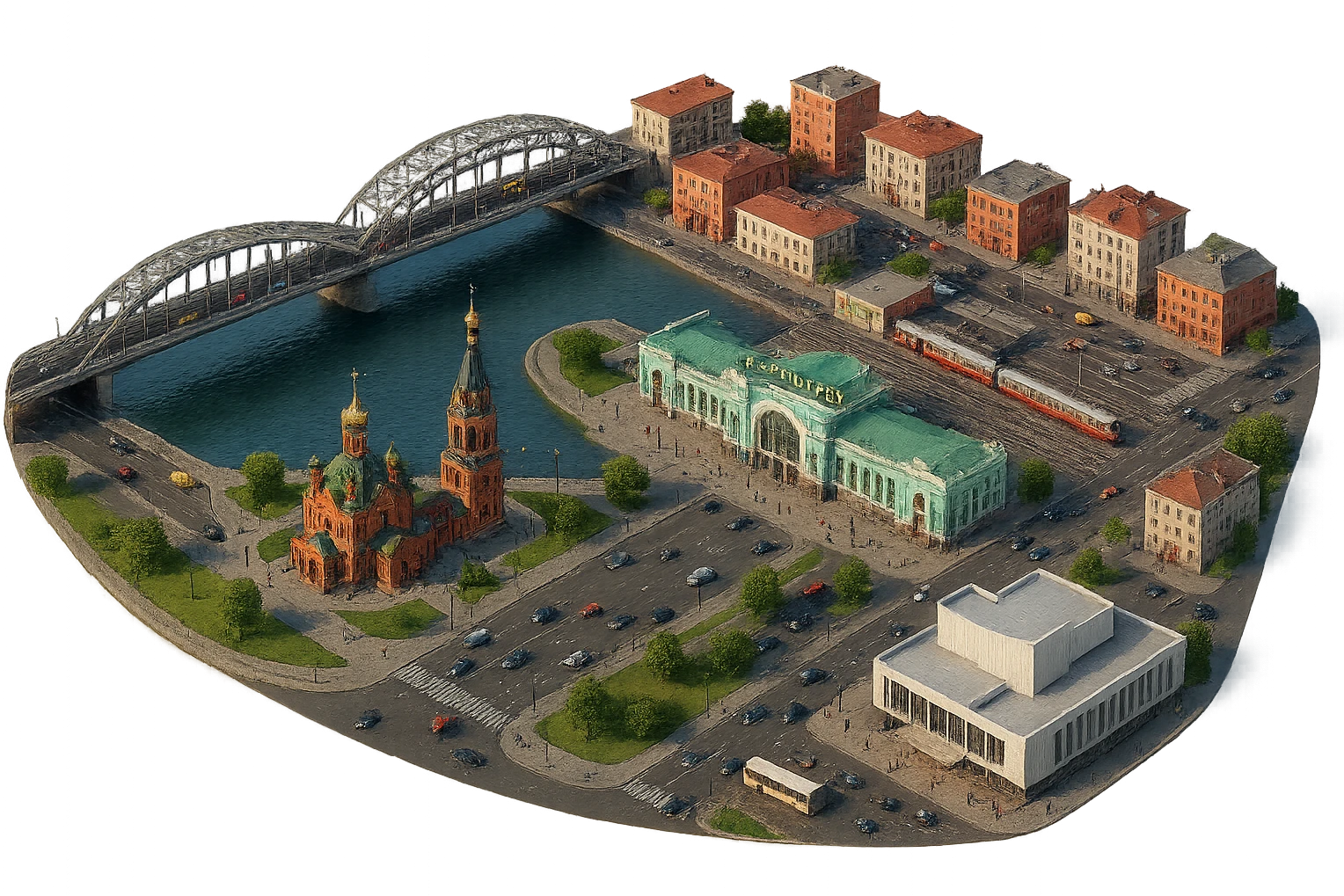 Изометричная чёткая миниатюрная фотореалистичная 3D модель панорамы Красноярска — Стрелка с мостом, Благовещенская церковь, Красноярск-пассажирский, фотореалистичный Красноярский театр оперы и балета, дома, люди, автотранспорт. Вид сверху в изометрии, яркие цвета, прозрачный фон, компактная композиция. emoji