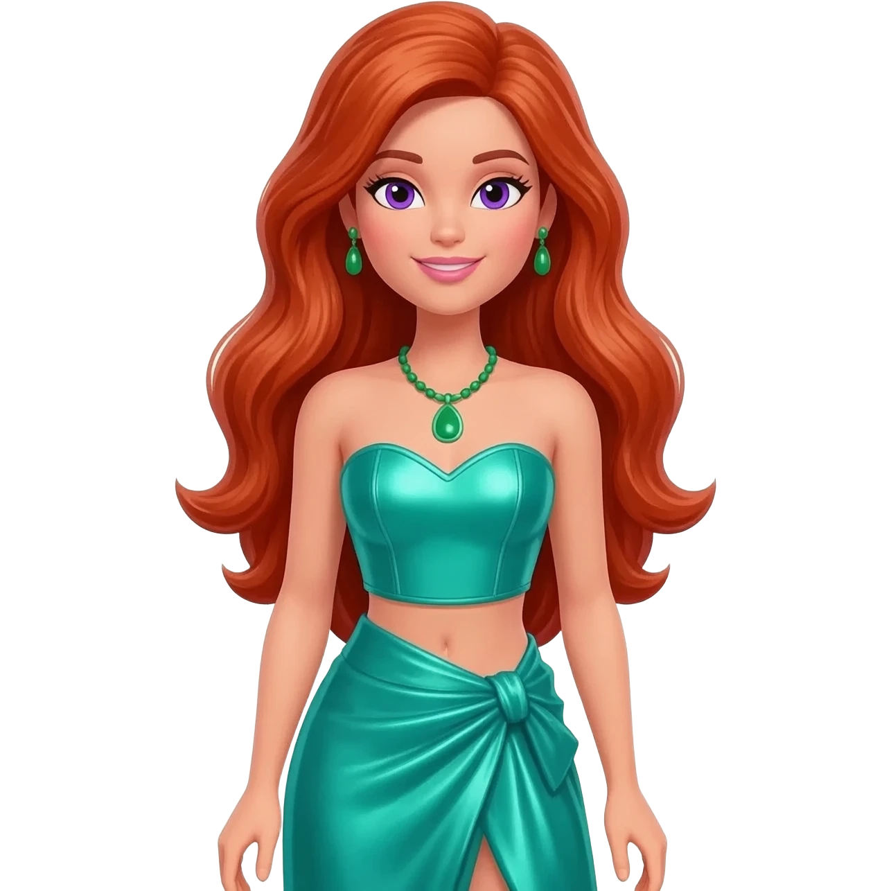 PJ from Barbie and Friends with violet eyes, long red hair, sea green metallic sweetheart crop top, sea green metallic assymetrical long skirt, green necklace and earrings emoji