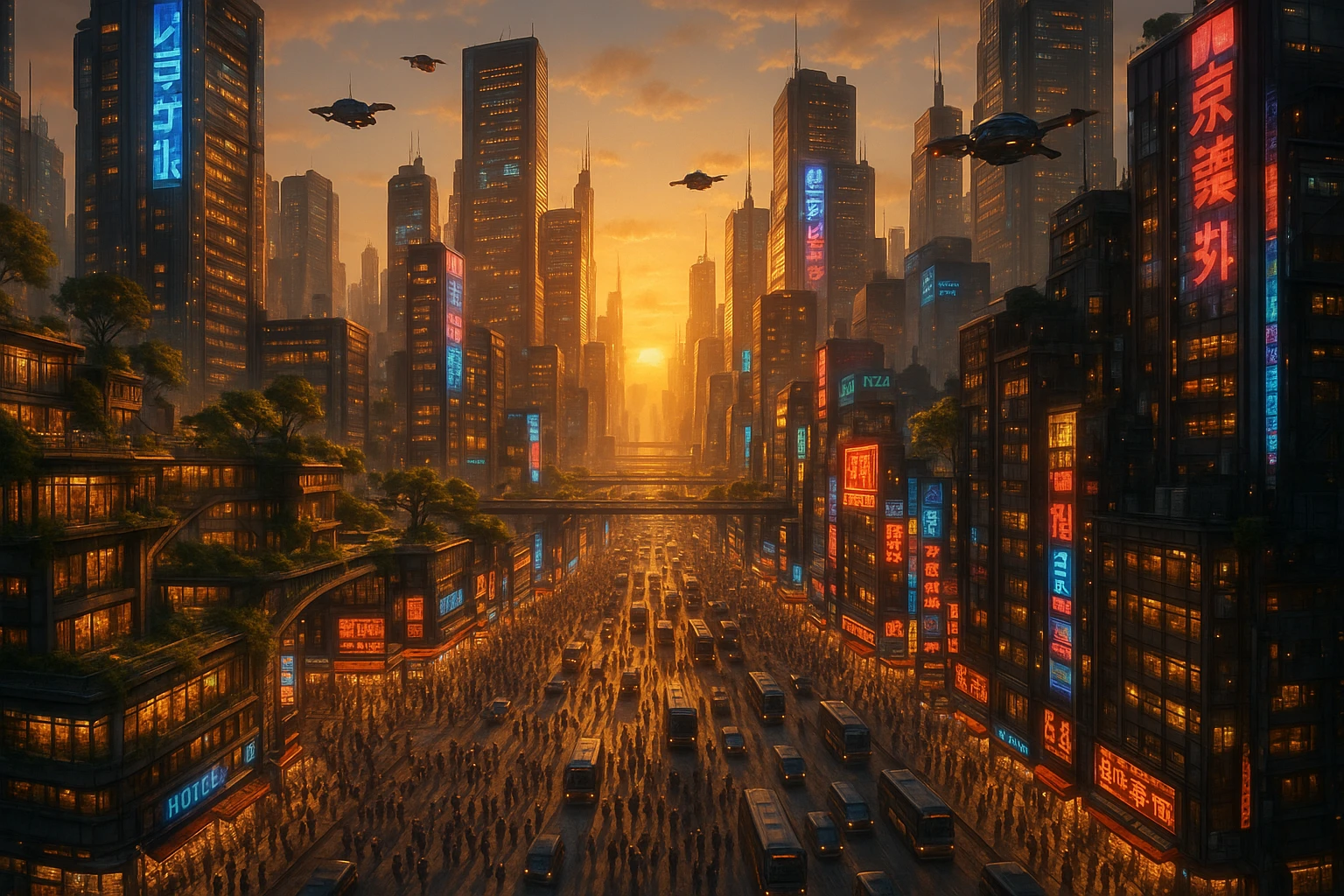 A stunning 4K ultra-detailed image of a gigantic futuristic city during golden hour, filled with thousands of people, busy streets packed with cars and buses, towering skyscrapers with glowing windows, vibrant neon signs, flying drones, and warm sunlight casting long shadows. Lush rooftop gardens and elevated walkways weave through the cityscape. A sense of life, motion, and scale—hyper-realistic, cinematic view from a high angle emoji