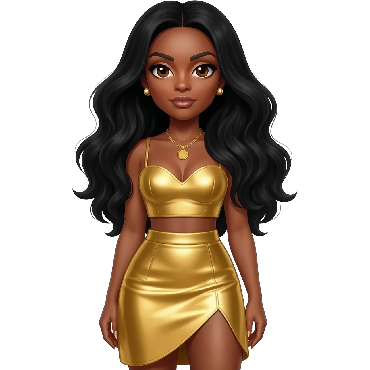 Tenitra Michelle Williams, R&B Singer (b.1979) with dark brown eyes, long black hair, gold metallic sweetheart crop top, gold metallic asymmetrical skirt, gold necklace and short earrings emoji