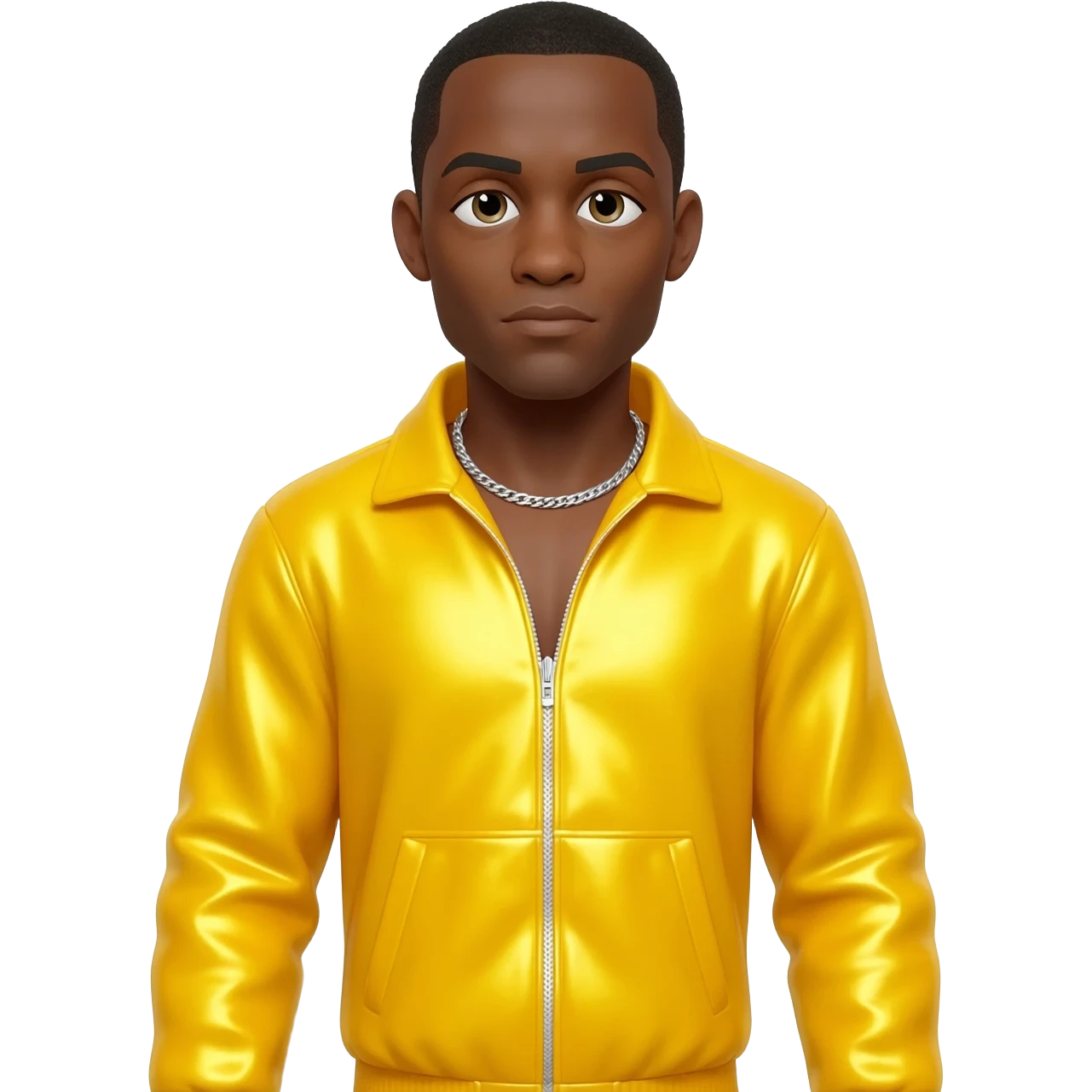 Ali G with yellow metallic tracksuit, silver necklace emoji