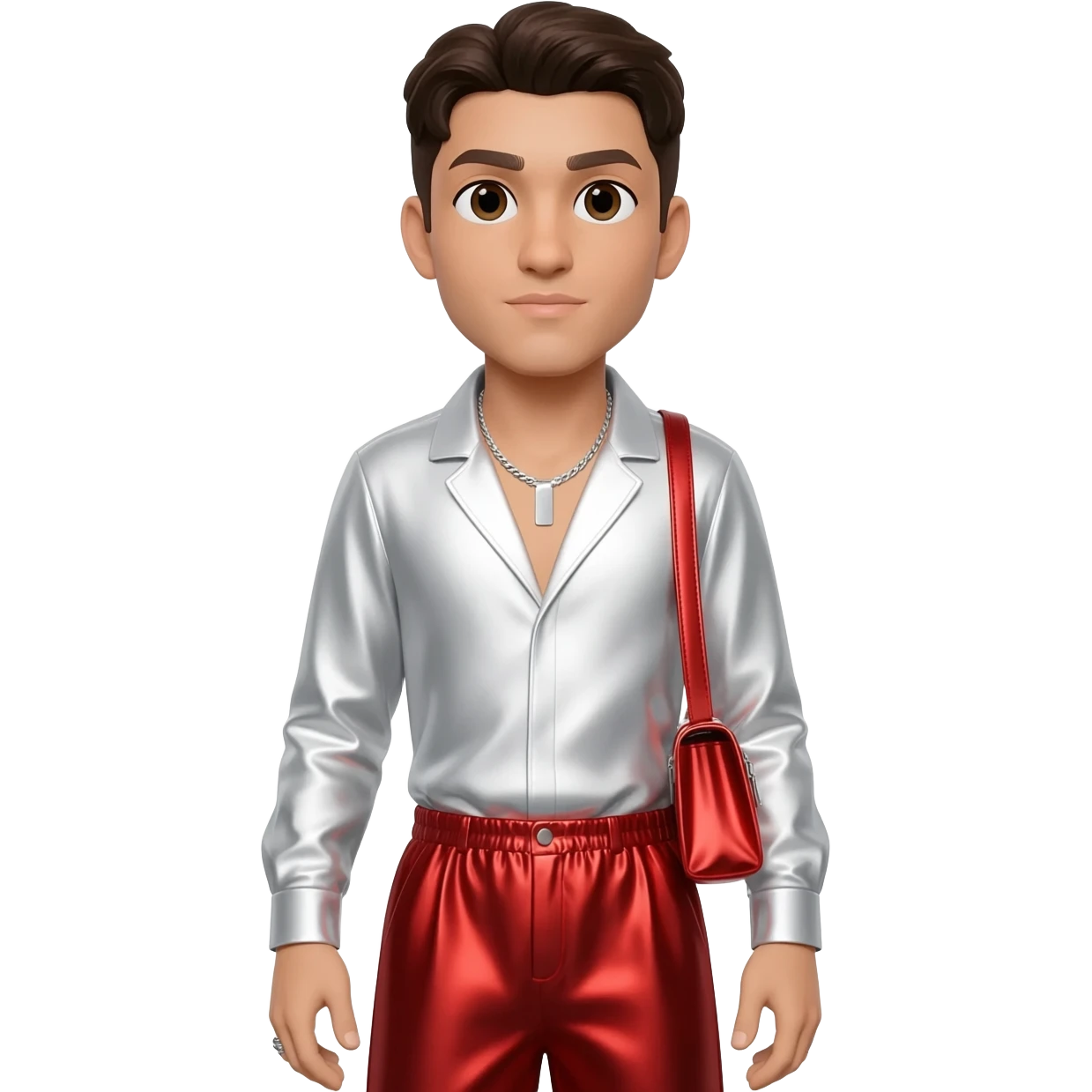 Anwar Jibawi with dark brown hair, white metallic shirt, red metallic baggy pants, silver necklace emoji