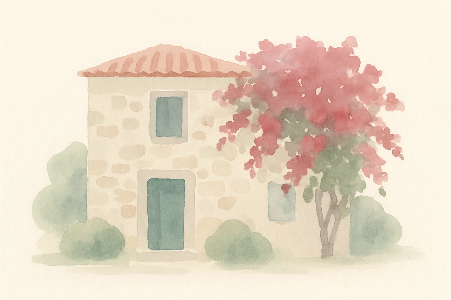 Bodrum villa with traditional stone walls, bougainvillea flowers, and a tiled roof, watercolor illustration style emoji