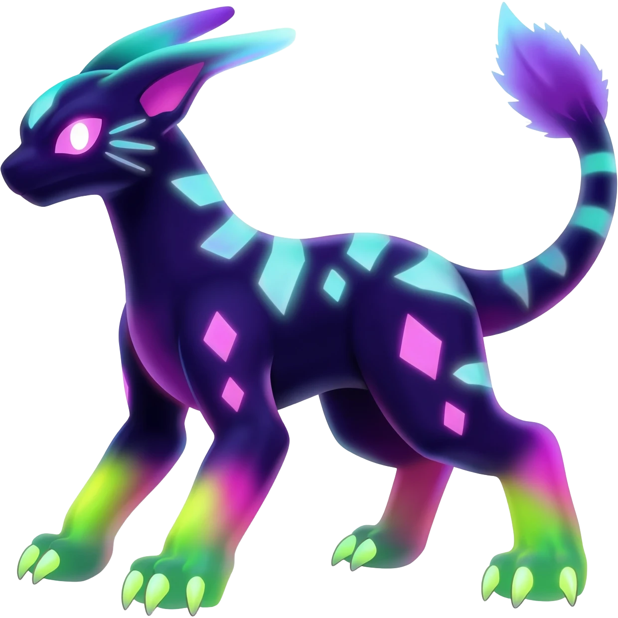 Rare realistic dark-neon glowing bioluminescent edgy badass epic pretty beautiful handsome gorgeous aesthetic colorful vibrant Vernid-Trico-species-Fakemon-creature by LiLaiRa, 4 legs, 1 tail, random markings, (full body) emoji