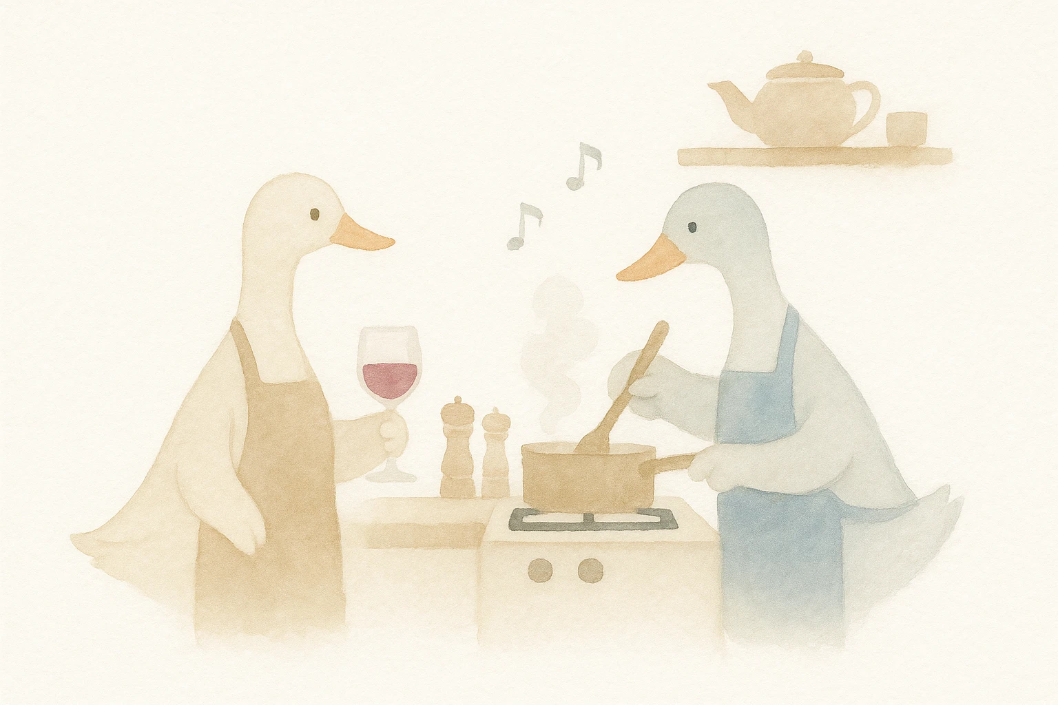 4:3 Monet impressionist scene, two ducks (male and female) cooking, sharing wine, music playing, warm kitchen, dappled light, soft colors, painterly style emoji