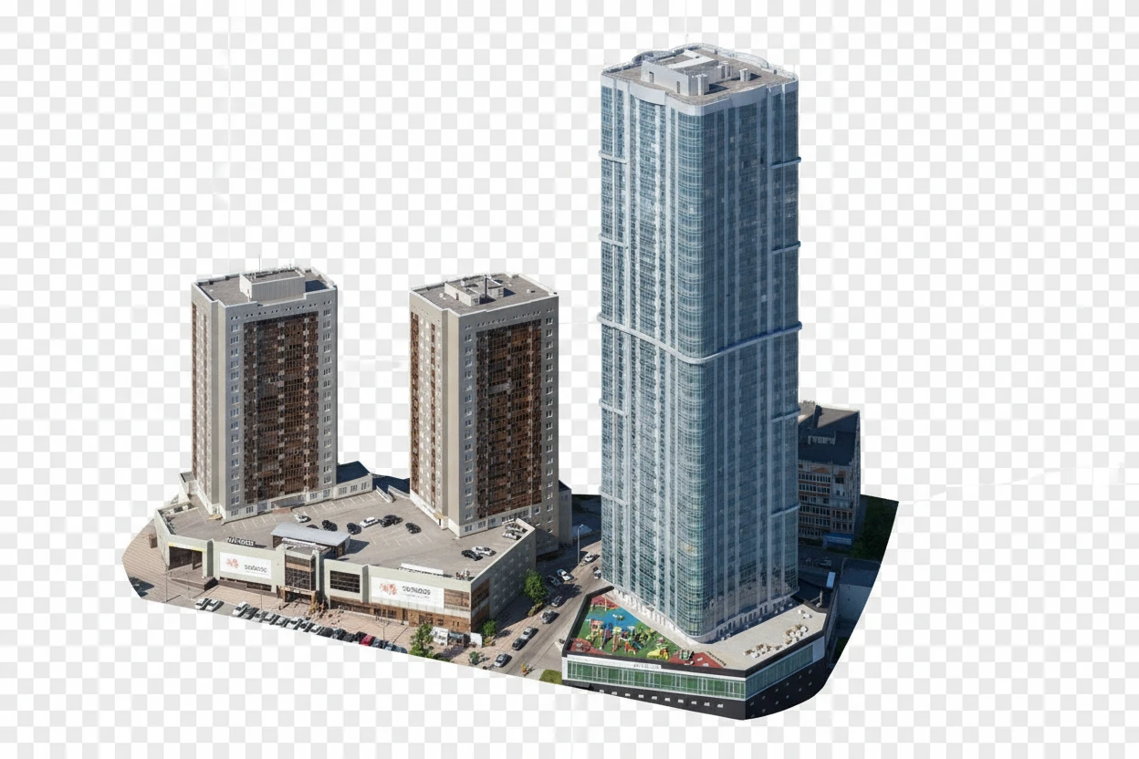 Изометричная, яркая, детализированная, объемная и фотореалистичная иллюстрация ЖК «Volga Sky» в Саратове. Чёткие контуры, не размазанные линии, высокое качество, прозрачный фон, не обрезать края картинки emoji