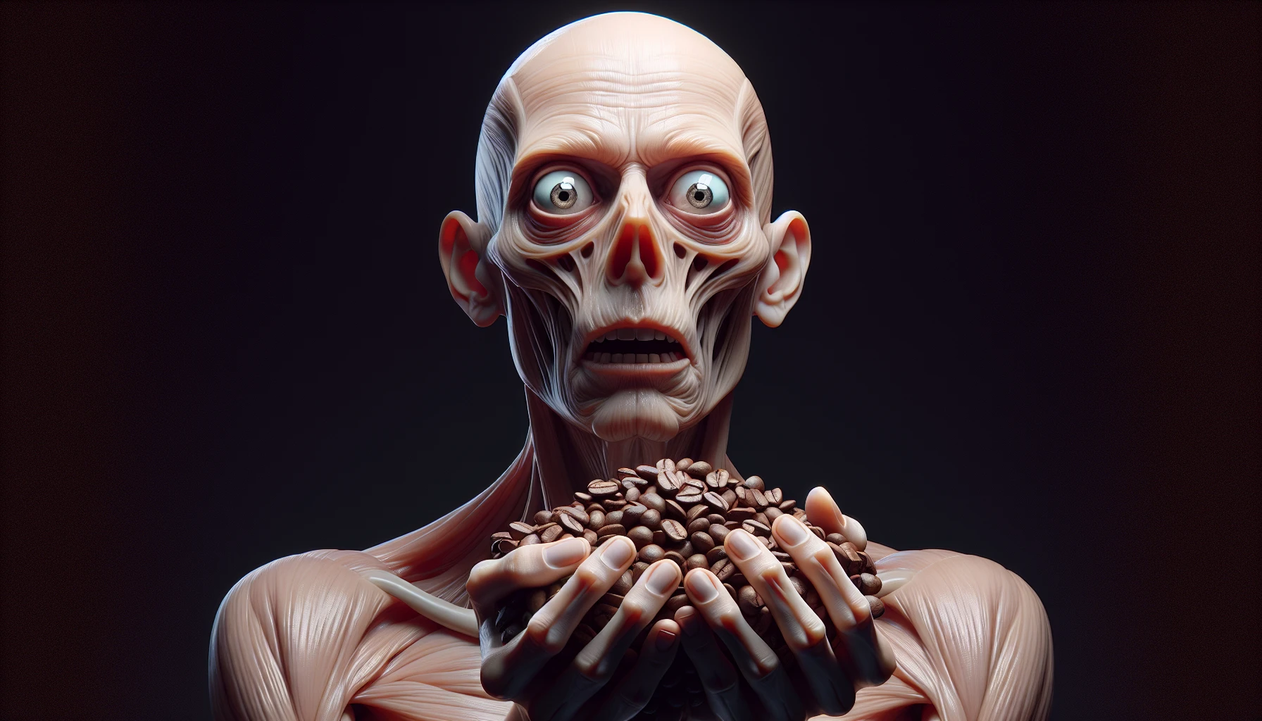 corpo umano anatomico che tiene in mano una manciata di chicchi di caffè e la guarda come se fosse dipendente da essa, stralunato, iperrealistico 4k emoji