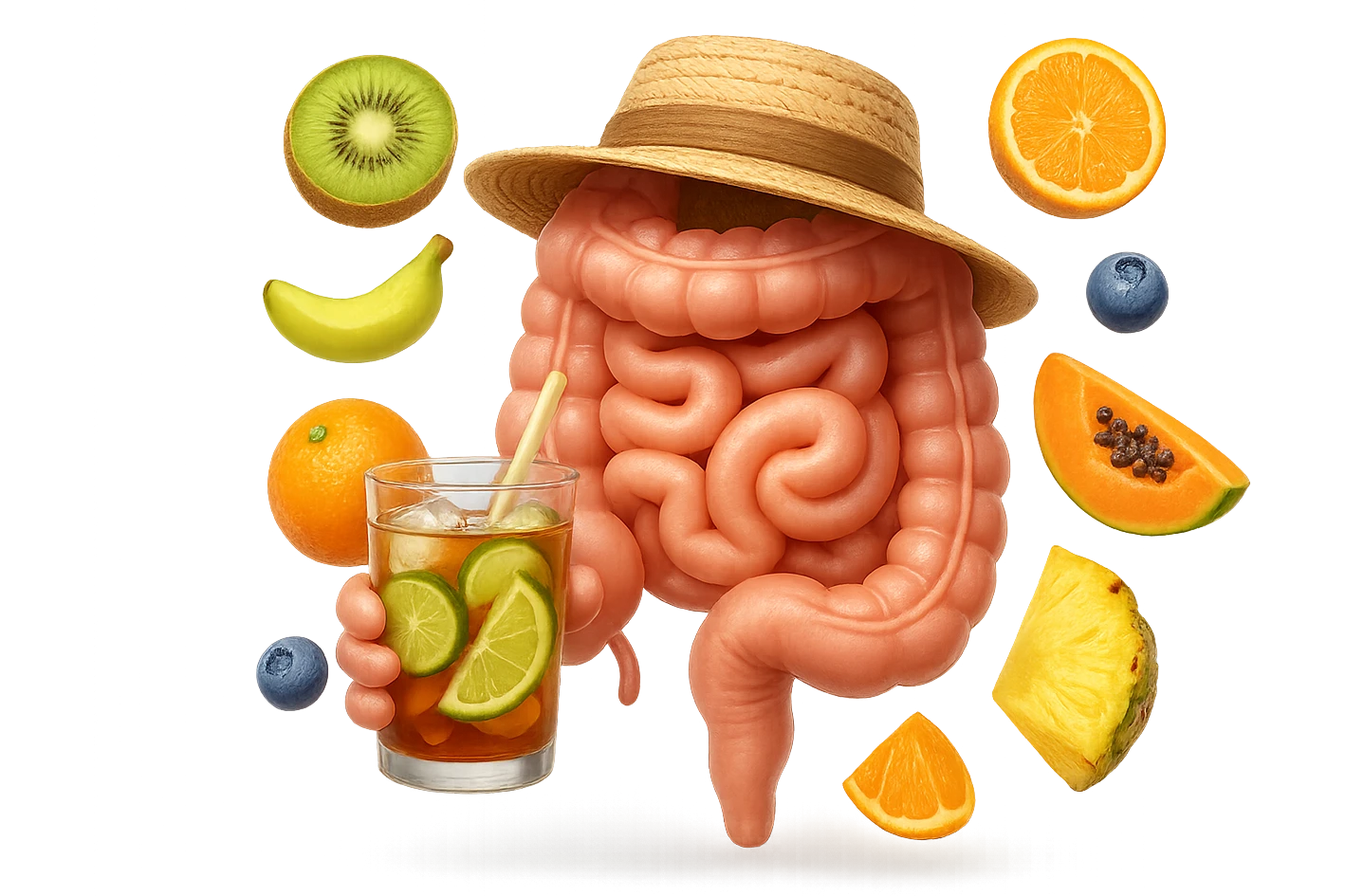 EMOJI STILE IPHONE DI INTESTINO UMANO REALISTICO CON CAPPELLO DI PAGLIA DA SPIAGGIA CHE BEVE UN Tè FREDDO IN BICCHIERE DI VETRO CON DENTRO  fette di cetriolo, limone, lime, DIETRO L'INTESTINO FLUTTUANO PEZZETTI DI Kiwi
Banana acerba
Arance e mandarini
Mirtilli
Ananas
Papaya
IPERREALISTICO 4K emoji
