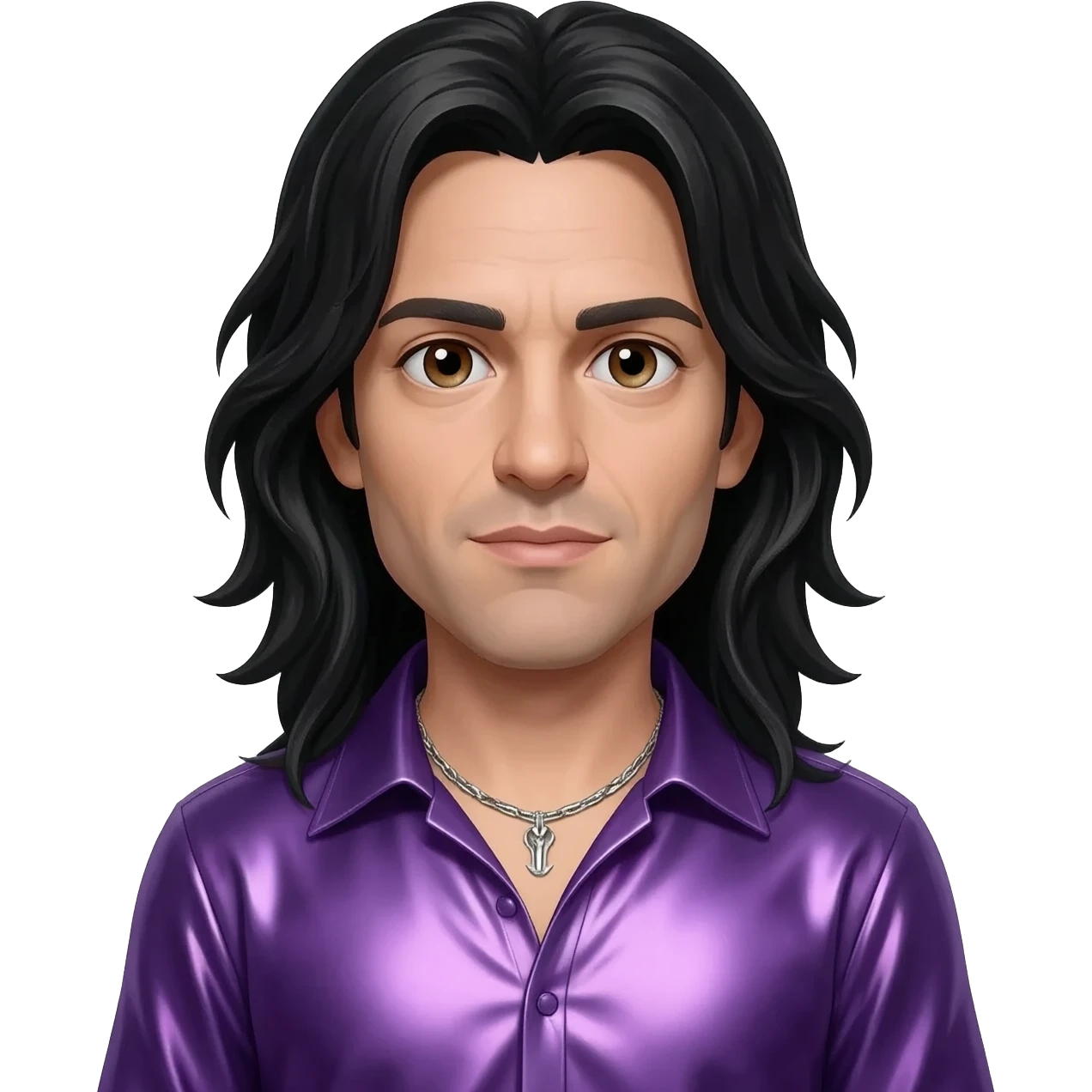 Jonathan Davis with brown eyes, long black hair, purple metallic shirt, silver necklace emoji