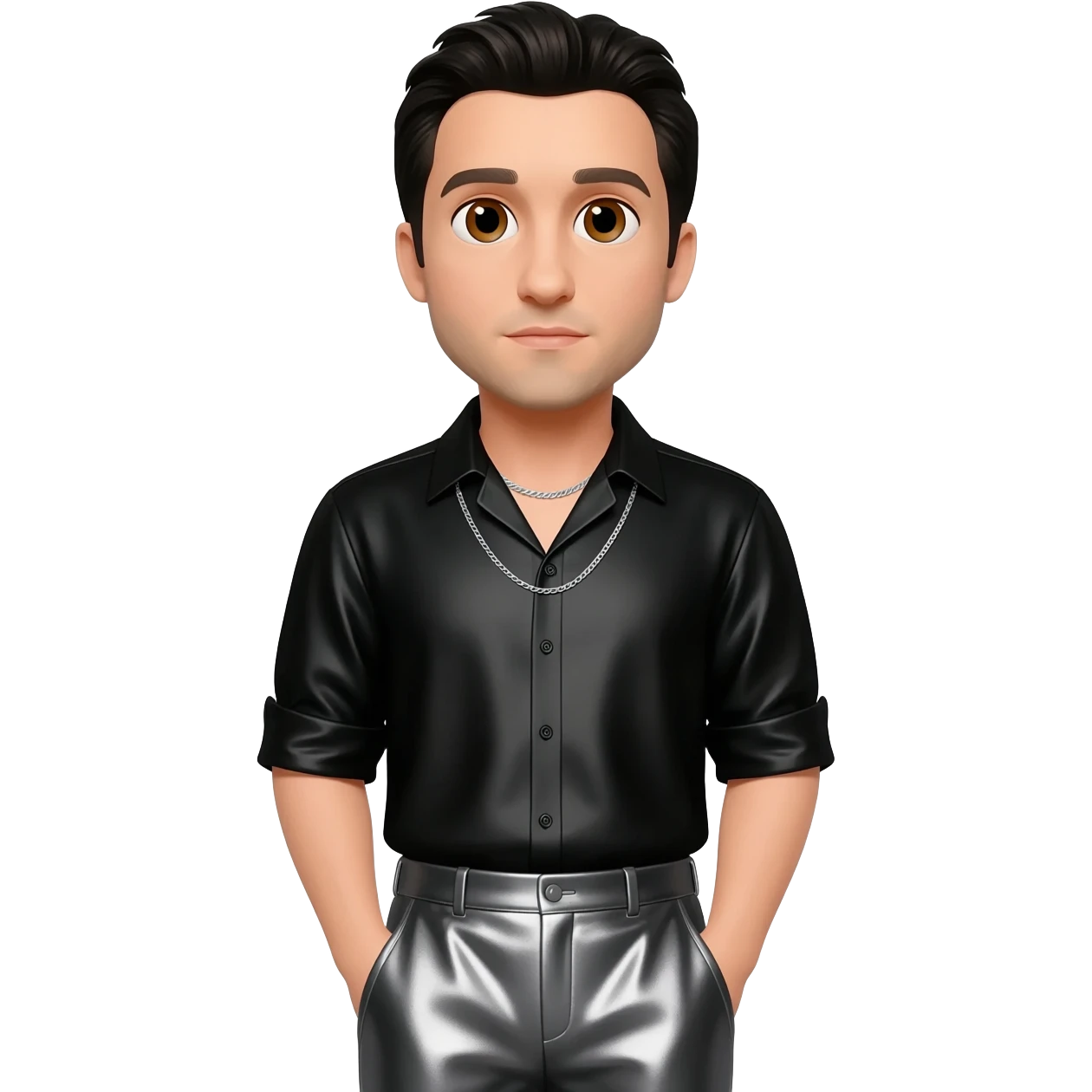 Joseph Gordon Levitt with brown eyes, black hair, black metallic shirt, charcoal metallic baggy pants, silver necklace emoji