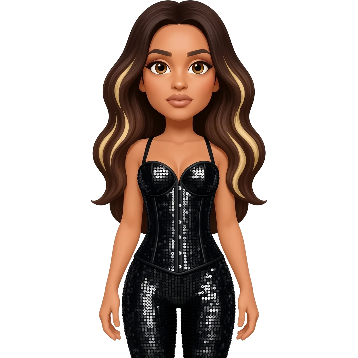 Jade Thirlwall with brown eyes, long dark brown hair with light blonde highlights, black sequin corset, black sequin leggings emoji