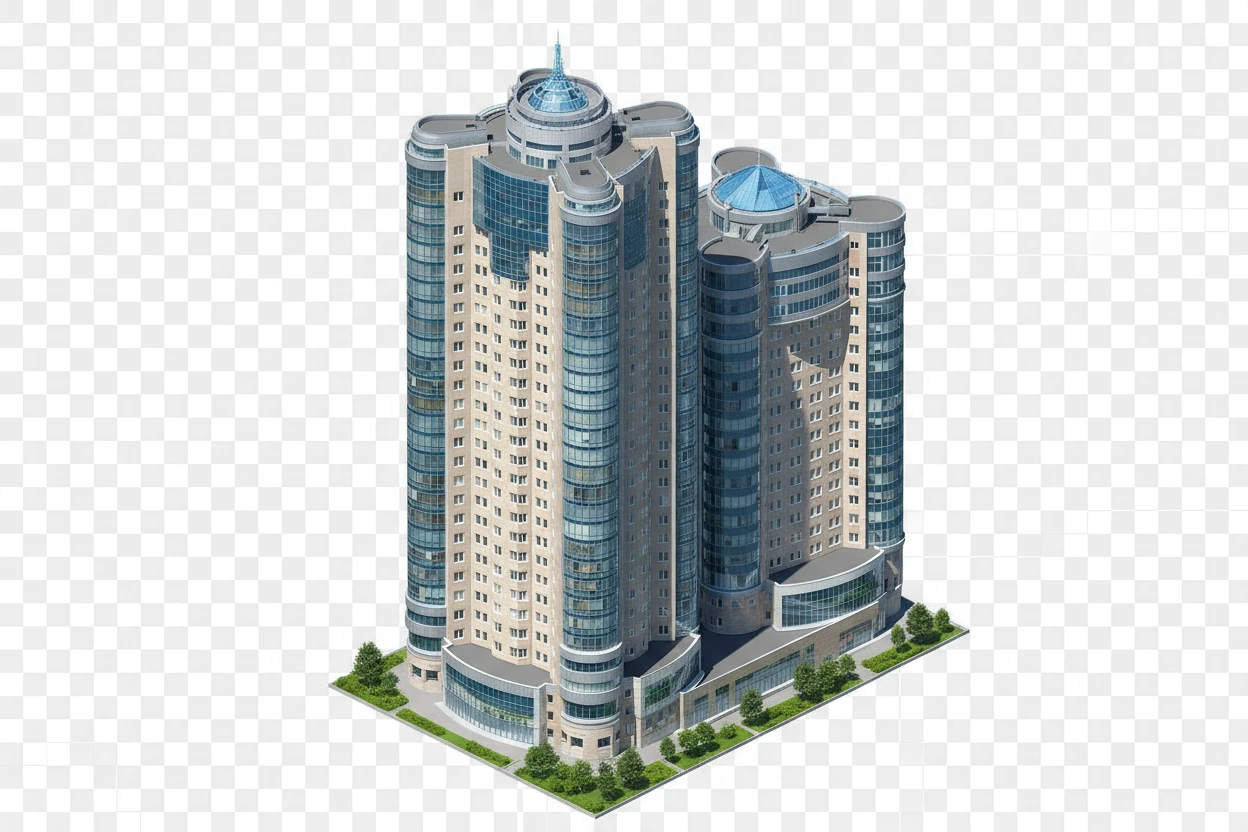 Изометричная, яркая, детализированная, объемная и фотореалистичная отдельная иллюстрация башни «Ладья-2» в Самаре. Чёткие контуры, не размазанные линии, высокое качество, прозрачный фон, не обрезать края картинки emoji