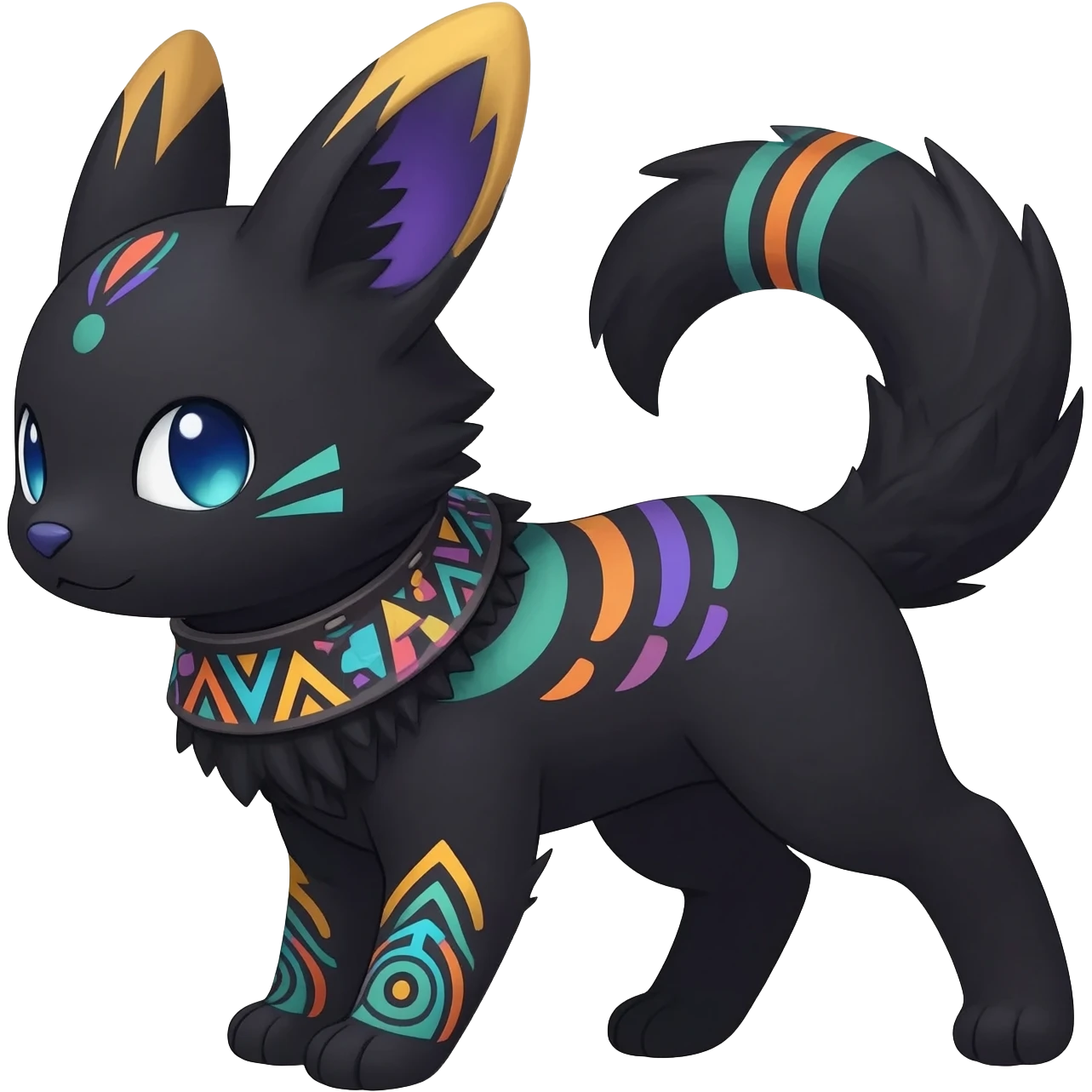 Rare charcoal-black exotic cute epic aesthetic gothic colorful Salandit-Eevee-Civet-species-Fakemon-hybrid-creature, with a collar, and with intricate colorful tribal markings, full body emoji