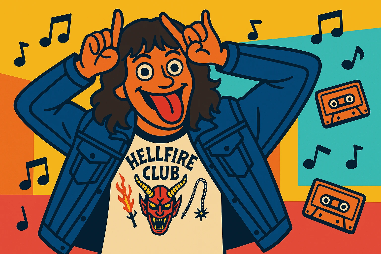Eddie Munson in vibrant toon style, wide aspect ratio (16:9), making a playful face with hands as horns and tongue out, with musical notes and cassette tapes floating around, lighter vivid colors and dark outlines. emoji