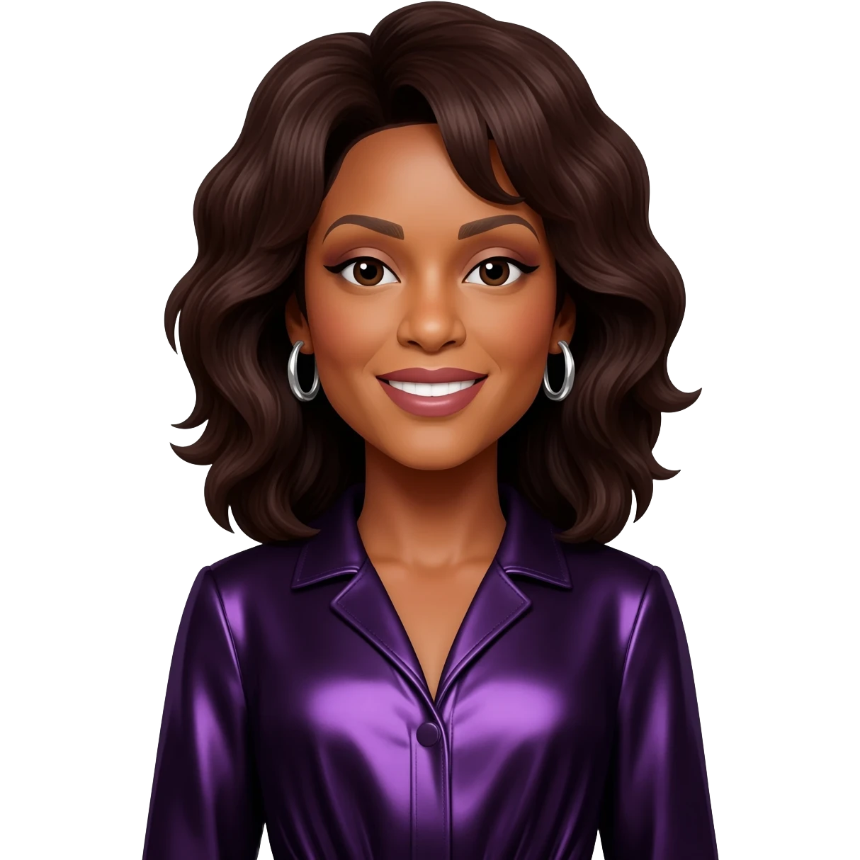 Whitney Houston with dark brown hair, dark purple metallic jumpsuit, silver earrings emoji
