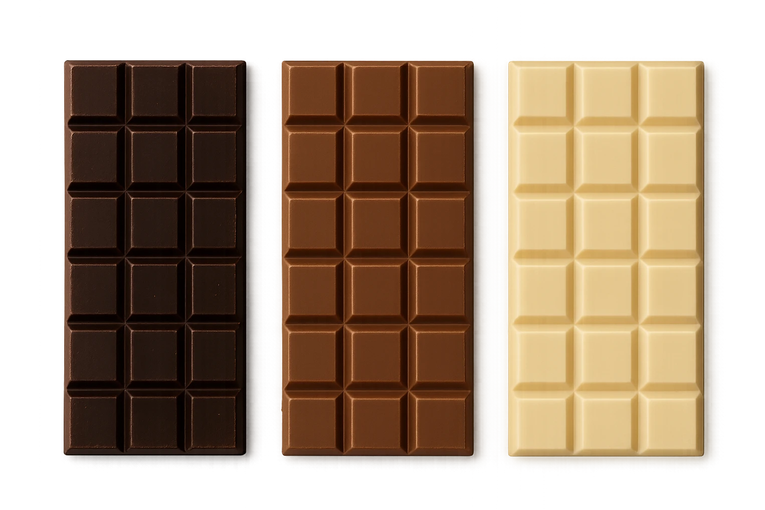 3 BARRETTE DI CIOCCOLATO, UNA FONDENTE, UNA AL LATTE E UNA BIANCA, VISTE DALL'ALTO, IPERREALISTICO 4K emoji