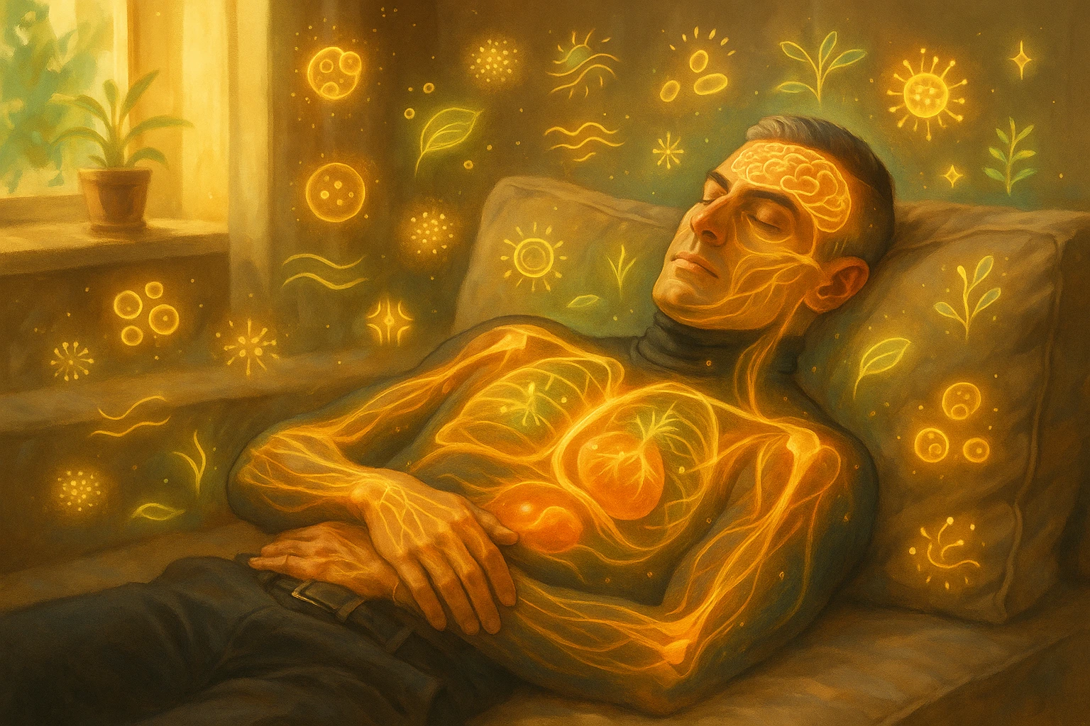 Uomo sdraiato su un divano nel primo pomeriggio, mentre fa un breve riposino. Il suo corpo appare parzialmente trasparente o stilizzato, con luce calda e flussi energetici dorati e verdi che scorrono attraverso muscoli, cervello, e organi. Intorno a lui si vedono piccoli simboli di rigenerazione: cellule che si rinnovano, tessuti che si illuminano, aura rilassata. L'ambiente è calmo e ordinato, luce naturale che entra da una finestra, atmosfera rigenerante, stile realistico con accenti metaforici. emoji