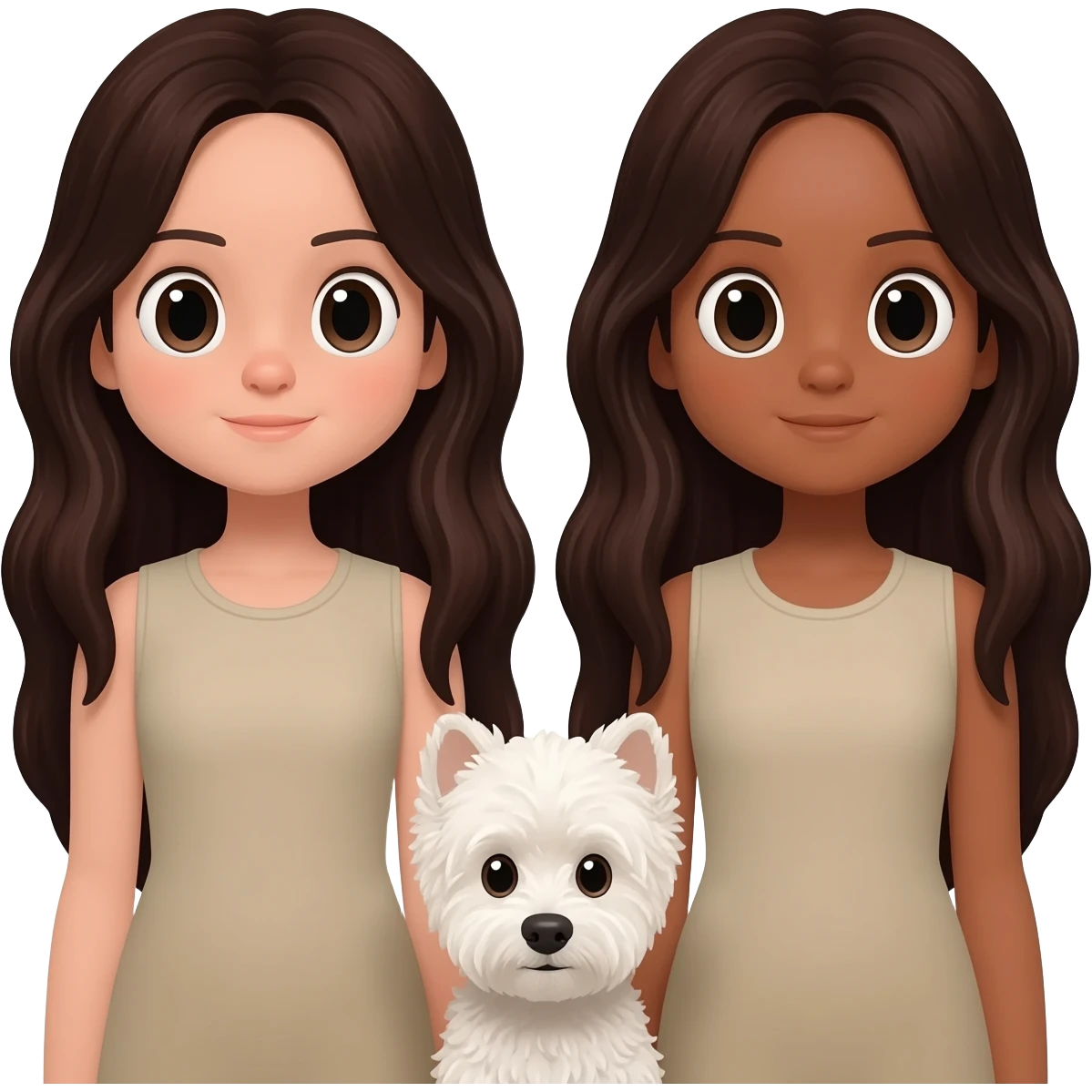 Only include faces two identical girls both with very dark long brown hair and darker beige ish skin with a white dog small dog emoji