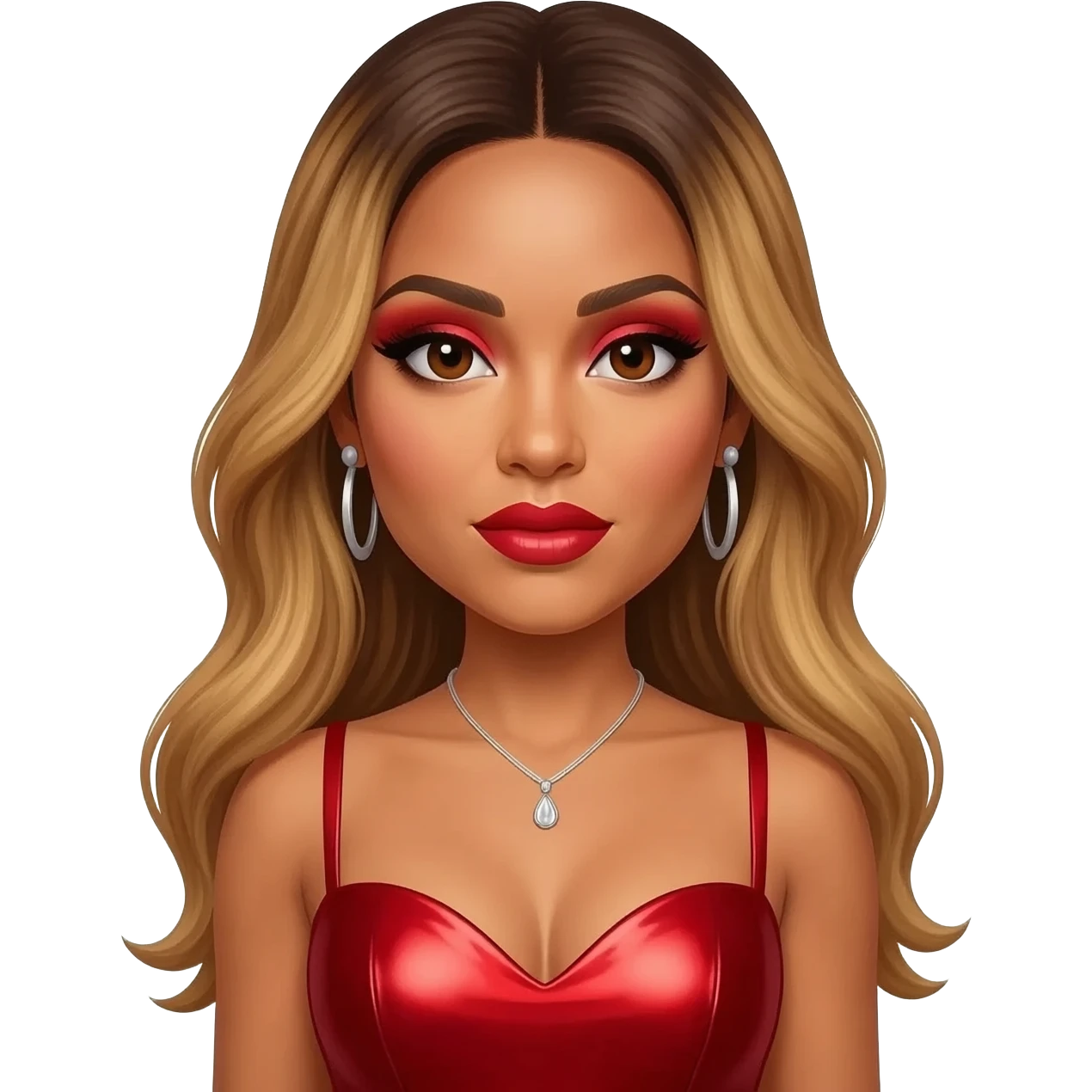 Adrienne Bailon from 3lw with brown eyes, long golden brown hair, red eyeshadow and lipstick, red metallic sweetheart dress, silver necklace and earrings emoji