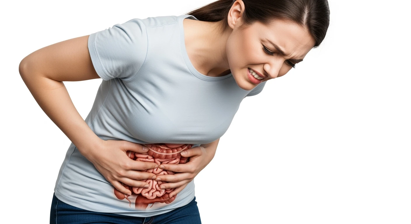 donna piegata in avanti frontalmente con mal di pancia, espressione di dolore in volto in primo piano e intestino anatomico in evidenza, iperrealistico 4k, sfondo bianco emoji