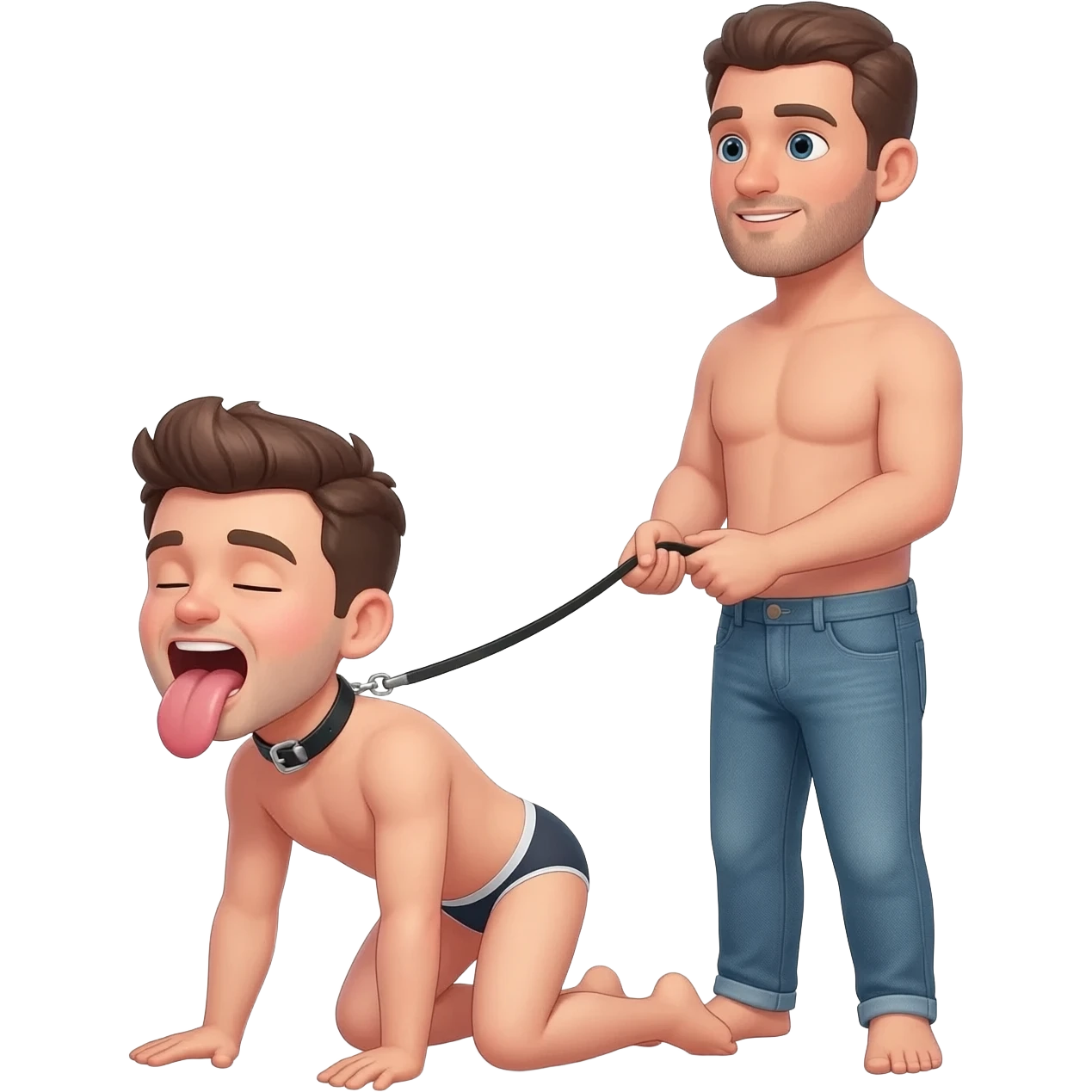 Skinny short guy in only underwear with mouth wide open and his tongue out on his hands and knees wearing a collar and leash held by a tall man wearing only jeans emoji