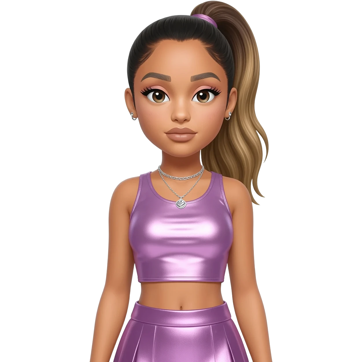 Ariana Grande with dark blonde ponytail hair, lavender pink metallic crop top, lavender pink metallic skirt, silver necklace emoji