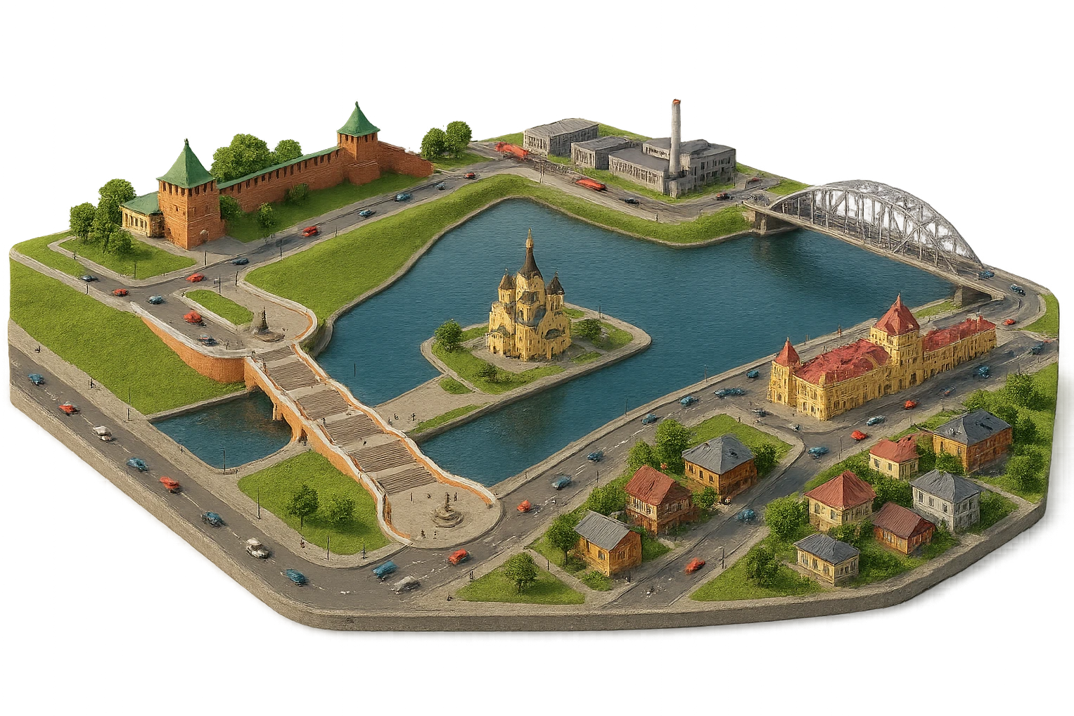 Изометричная миниатюрная фотореалистичная 3D модель панорамы Нижнего Новгорода - Нижегородский Кремль, Стрелка между Окой и Волгой, ГАЗ, Чкаловская лестница, Борский Мост через Волгу, Нижегородская ярмарка, нижегородские дома, автотранспорт четкие линии, яркие цвета, люди, компактная композиция, вид сверху в изометрии, прозрачный фон emoji
