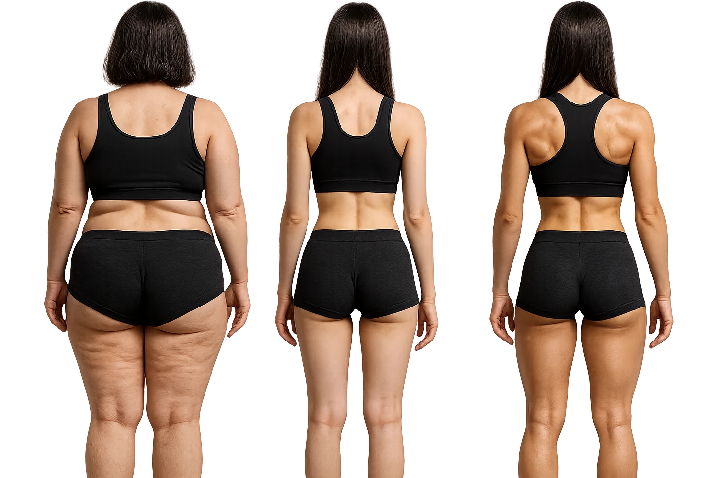 fai una donna di spalle in gym shorts leggermente sovrappeso e con cellulite e accanto una seconda donna di spalle magra (che è dimagrita post dieta) e accanto una terza donna in forma allenata e con le giuste proporzioni, l'immagine deve rappresentare il processo: da donna grassa, a donna piatta e magra, a donna allenata e in forma con i giusti muscoli, iperrealistico 4k emoji