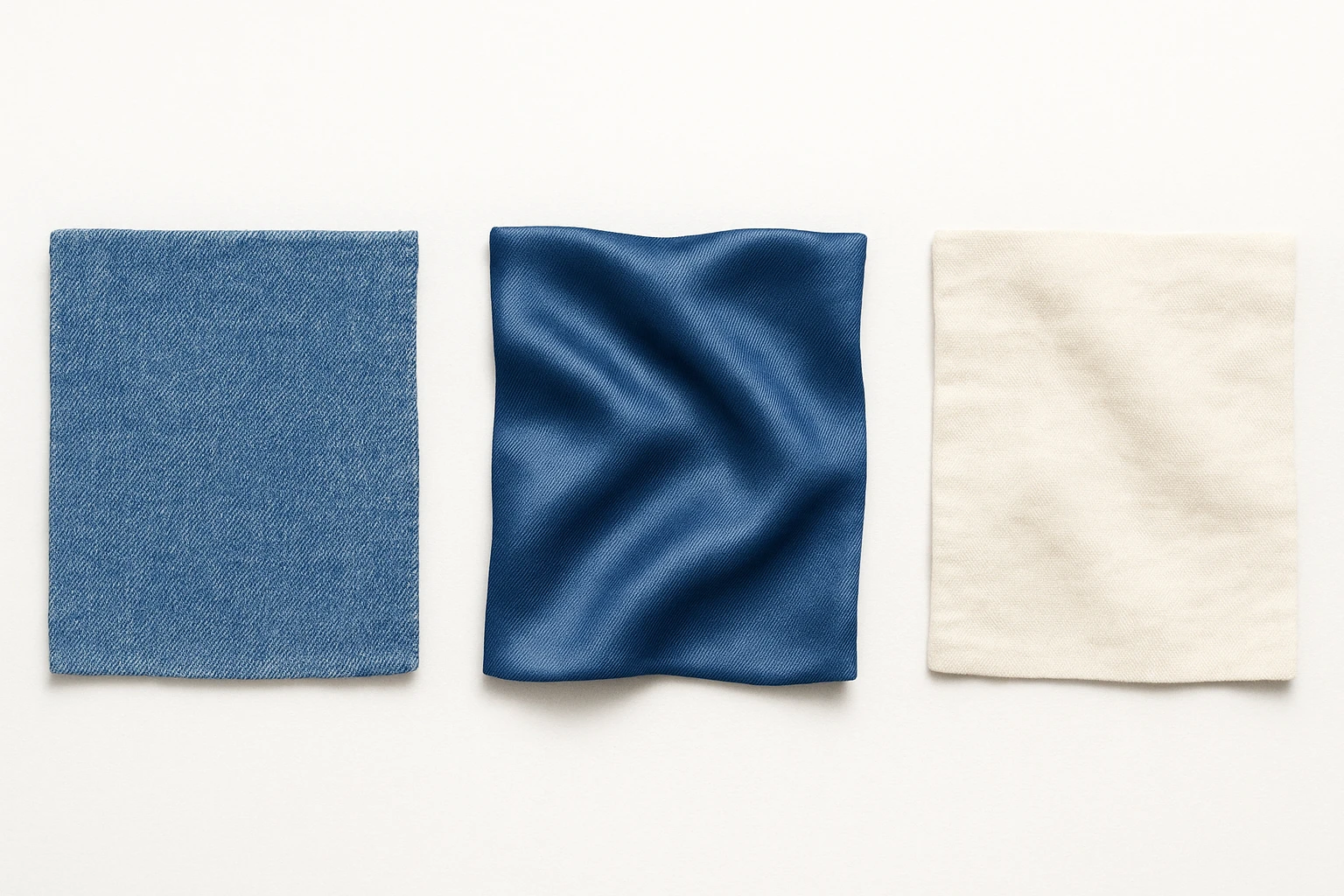 Сгенерируй мне аккуратный, но не квадратный, кусок джинсовой ткани, на чисто белом фоне. И чтобы было три разных ткани, допусти одна джинсовая, вторая шелк, третия хлопок. 

 emoji