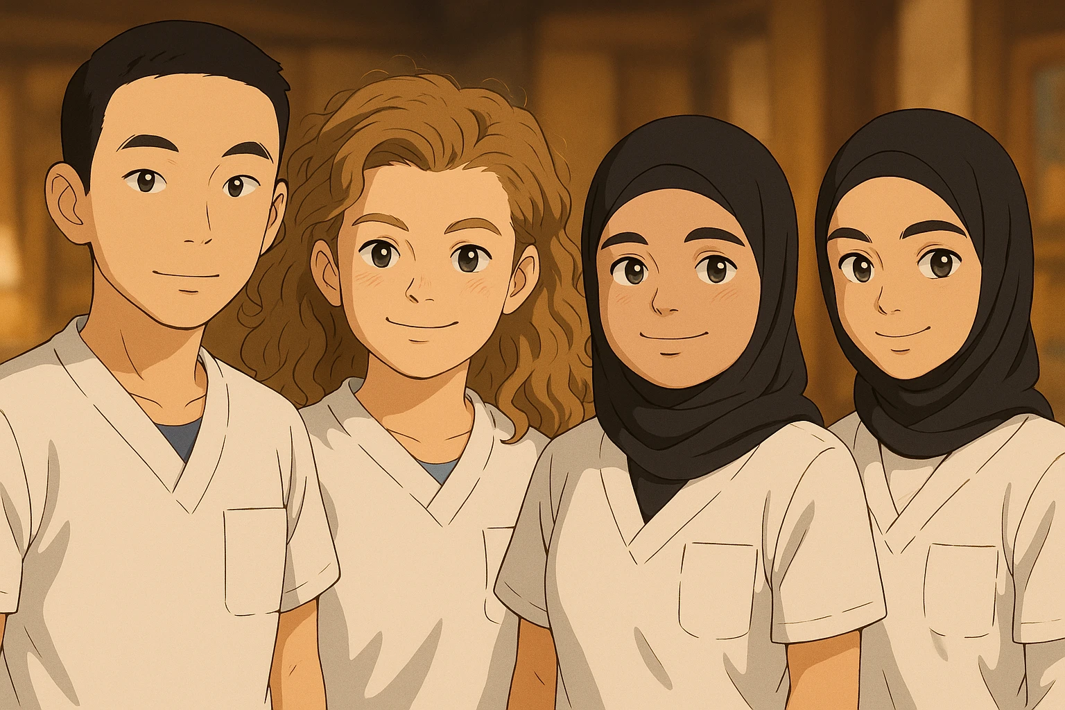 Four nursing students side by side in a warm indoor ambiance with a blurred background, wearing white short-sleeved medical uniforms with V-neck collars and left chest pockets, in Ghibli style. emoji