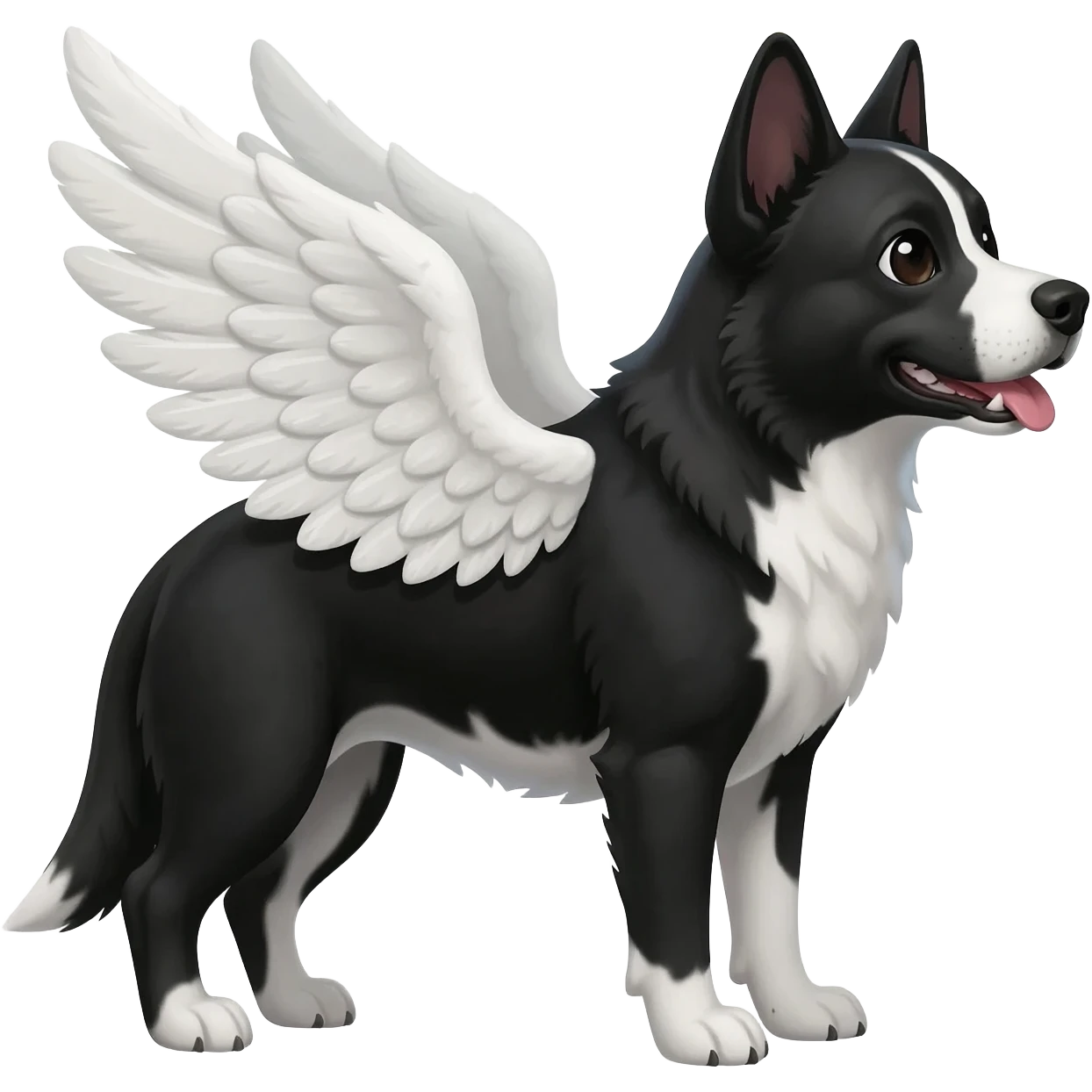 Hazme un stiker de un perro color blanco y negro que tenga alas como es un ángel que acaba de partir emoji