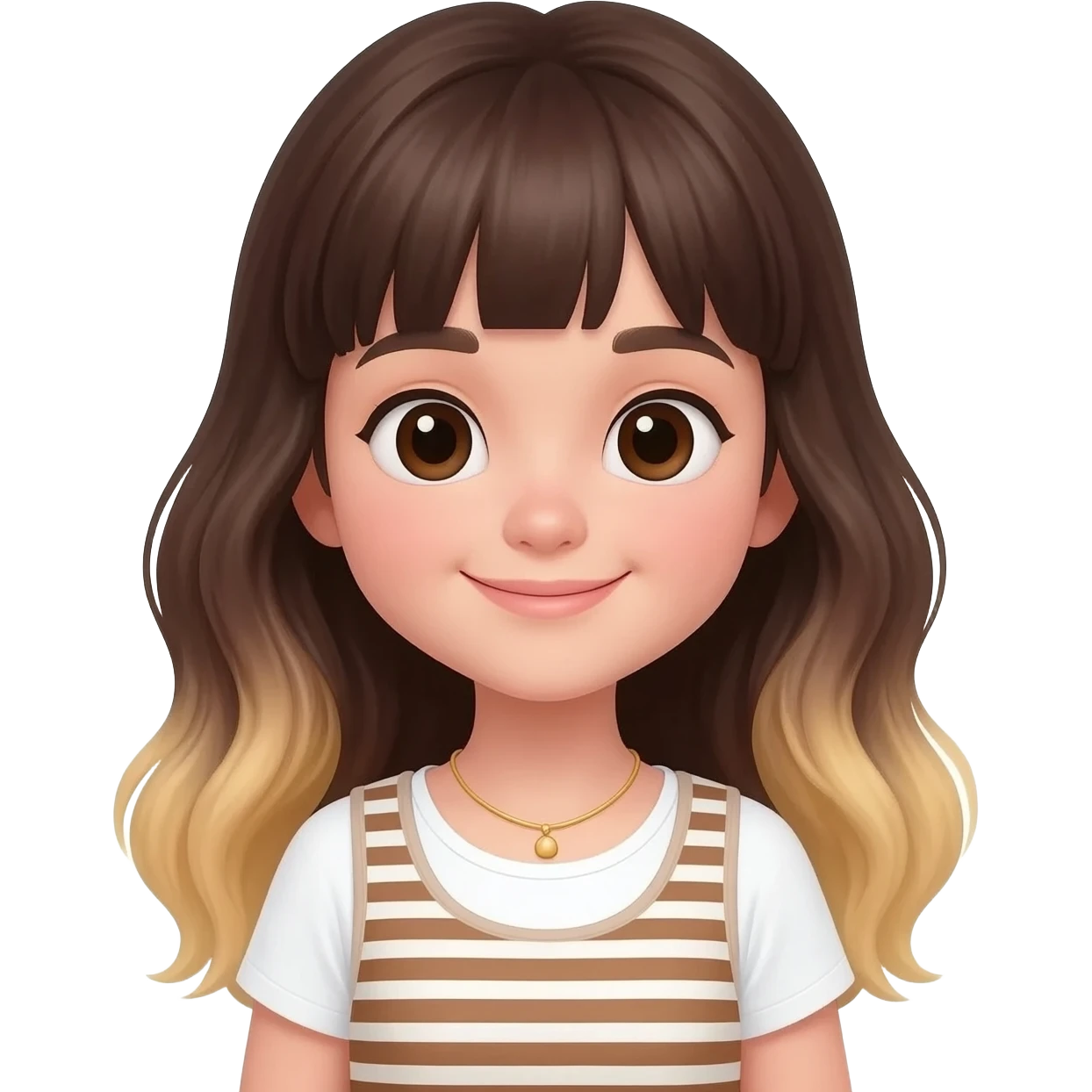 A young girl with an oval-shaped face and feminine features, long dark brown wavy hair fading to blonde at the ends with light bangs. Thick dark eyebrows, large expressive eyes, and a warm smile. She is wearing a white T-shirt with a striped vest and a delicate golden necklace. emoji