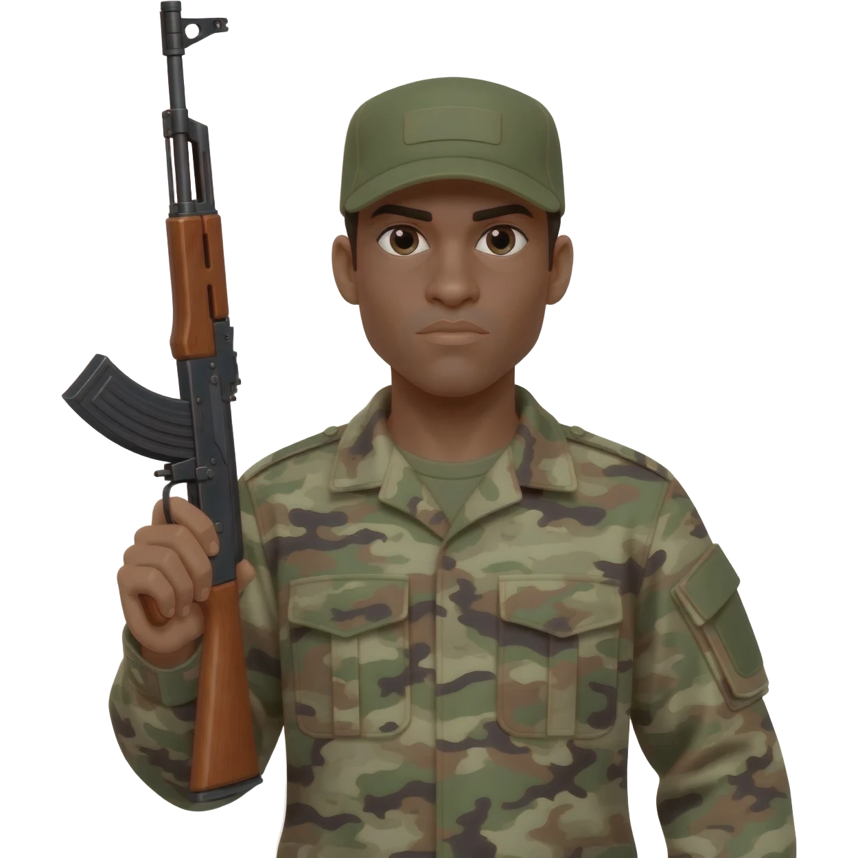 Do the military soldier in a camouflage uniform with the regular uniform cap; make the skin color just a little bit darker and the solute has to be with the other arm the right arm emoji