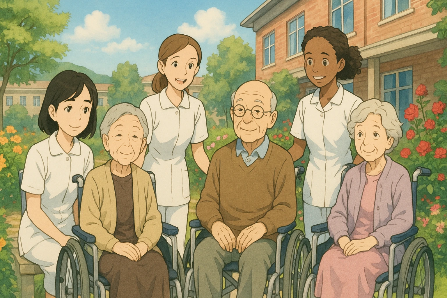 Four nursing students inspired by provided faces, wearing complete white short-sleeve uniforms without stethoscopes, accompanying elderly seated patients, Ghibli style, hospital garden exterior with flowers. emoji