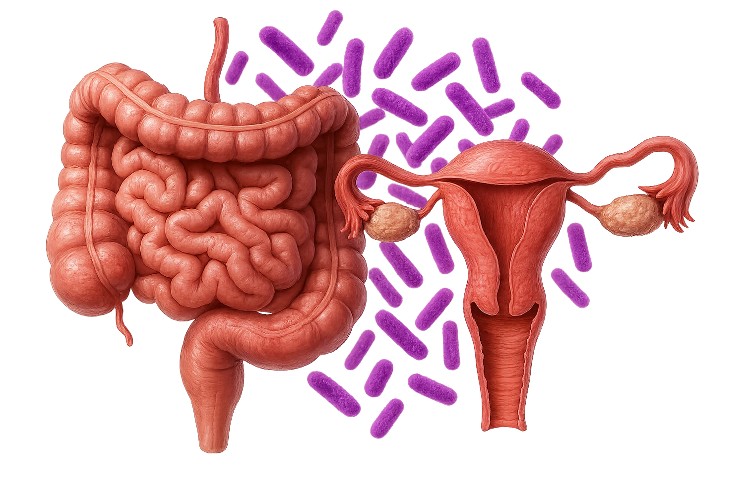 intestino umano anatomico realistico accanto ad un utero umano anatomico realistico, dietro i due organi fluttuano batteri intestinali con questo colore: #971ef1, iperrealistico 4k
isolata su sfondo bianco emoji
