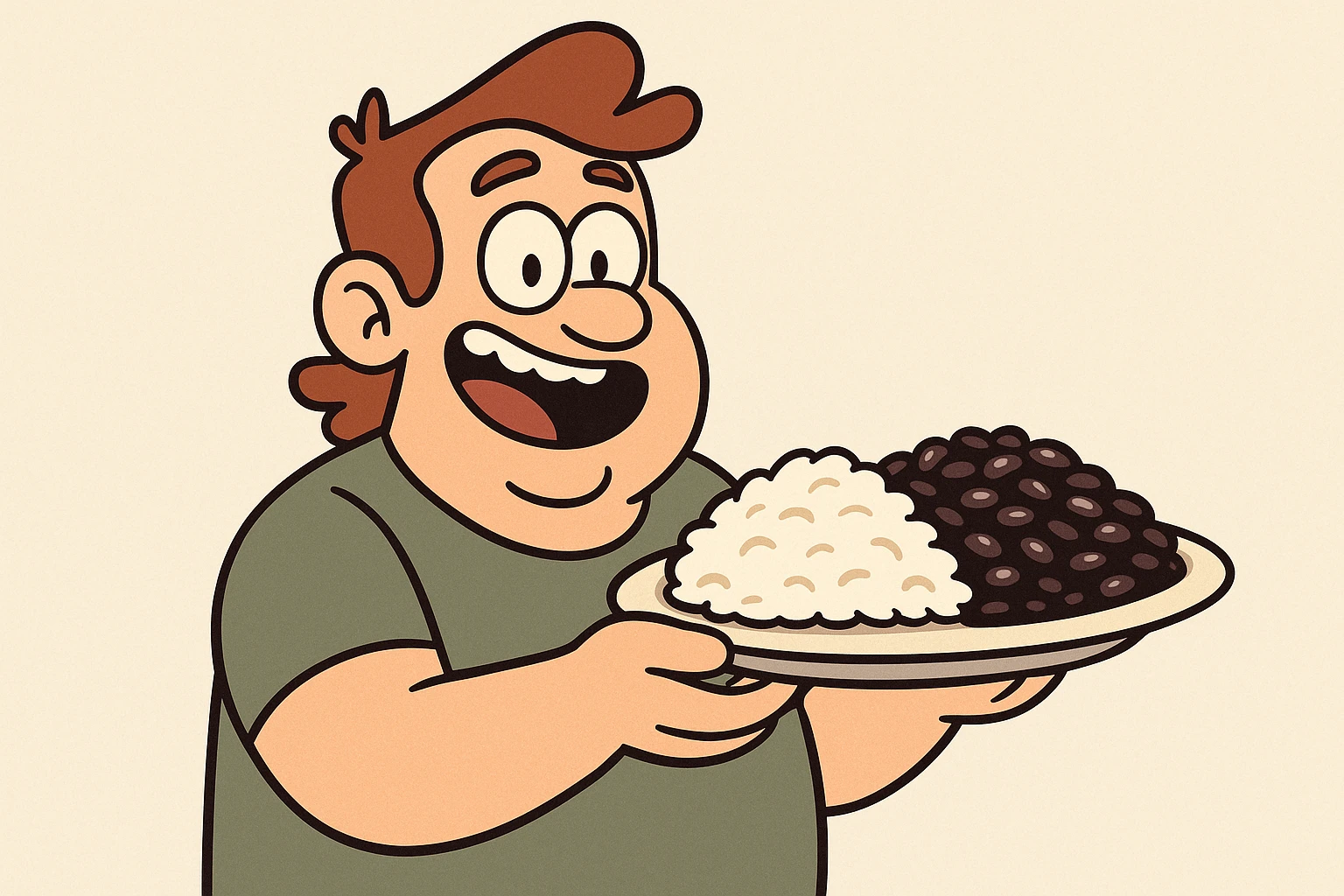 a plate of white rice and black beans, cartoon style, friendly emoji