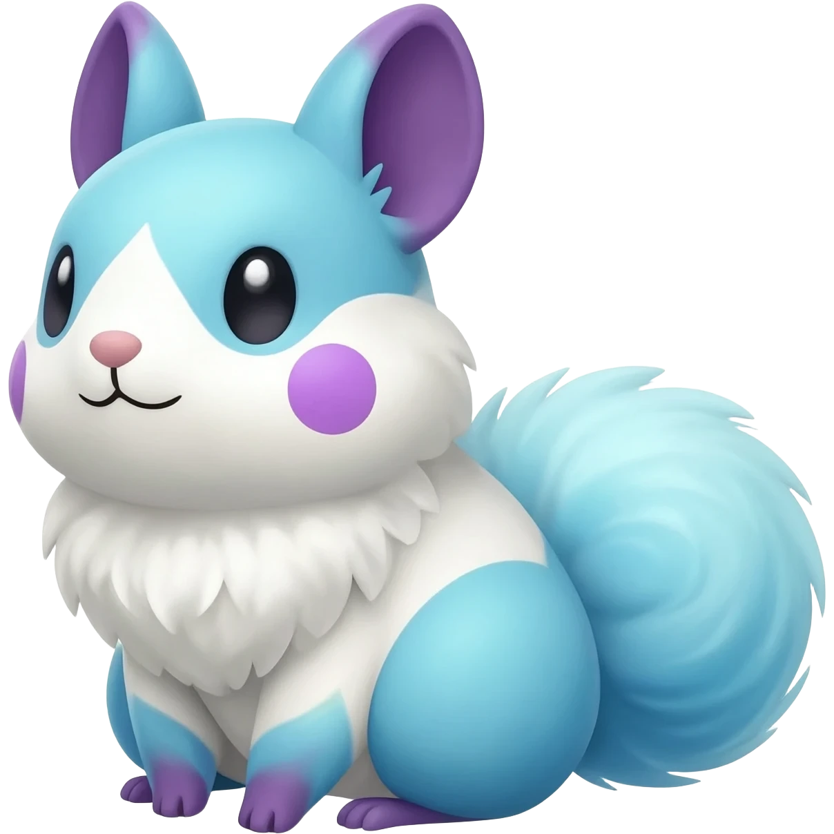 Light-pastel-Cyan-white-blue-gradients electric type rodent-chinchilla-squirrel-gerbil-jerboa-Pachirisu-Minccino-Pokémon-Fakémon-fusion-hybrid-Pokémon-animal-creature, full body with purple-violet-pinkish round cheek markings  emoji