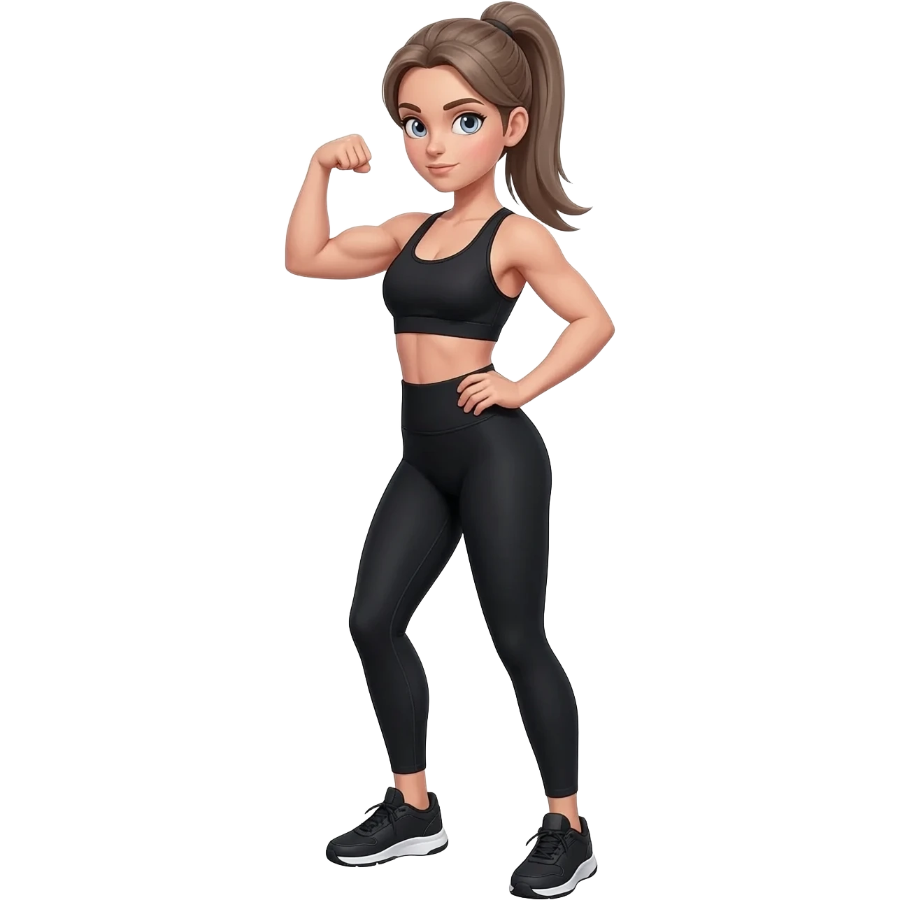 flexing bicep with confident workout pose, fair-skinned woman, gray-blue eyes, ash brown brows, ash light brown hair tied back, slim athletic body, black workout set, black sneakers with white soles emoji