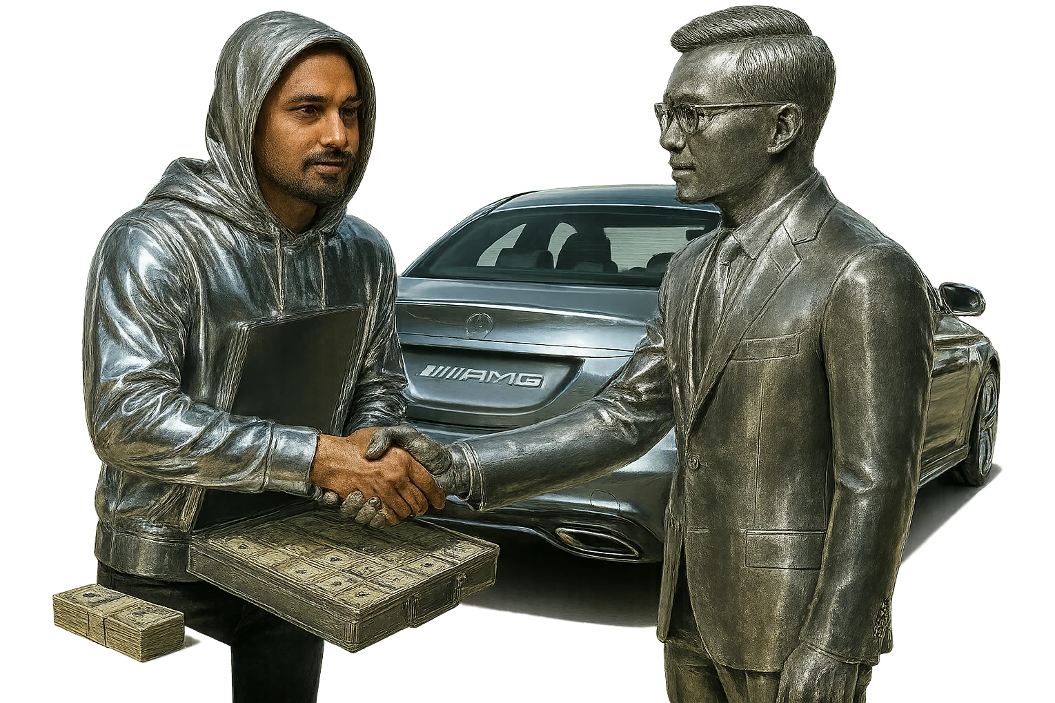 Make only the Indian man's hoodie chrome, keeping his skin and face natural. Add a goatee to the man. Include money on the side and a chrome AMG car in the scene. Keep the background transparent. emoji
