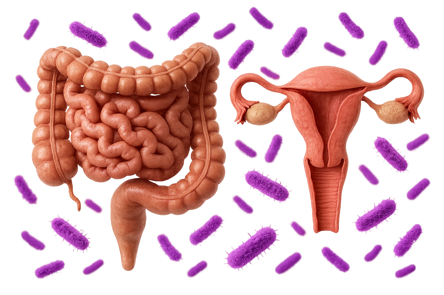intestino umano anatomico realistico accanto ad un utero umano anatomico realistico, dietro i due organi fluttuano batteri intestinali con questo colore: #971ef1, iperrealistico 4k
isolata su sfondo bianco emoji