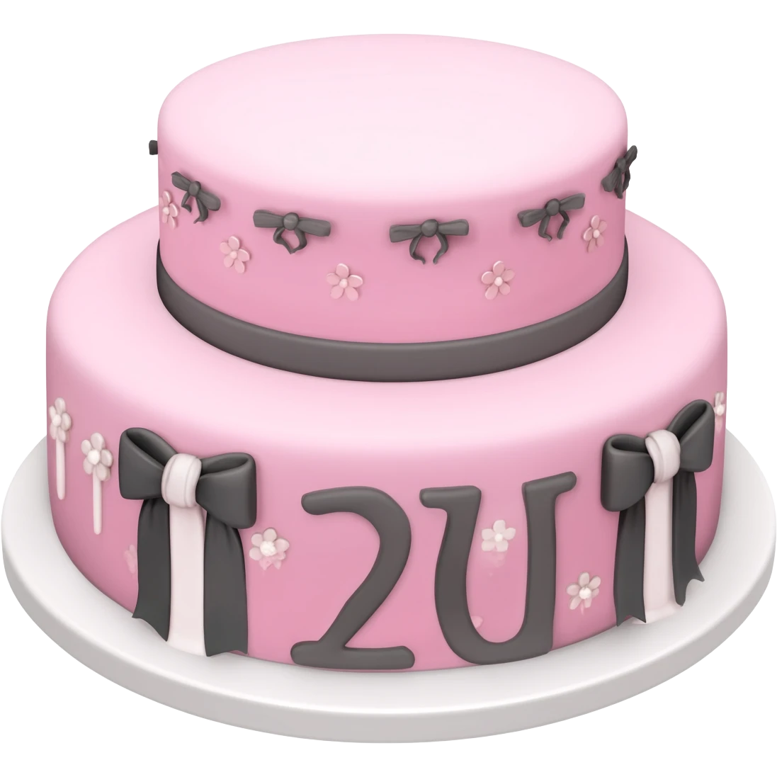 Pastel pink shaped birthday cake with black and white bows and flowers emoji
