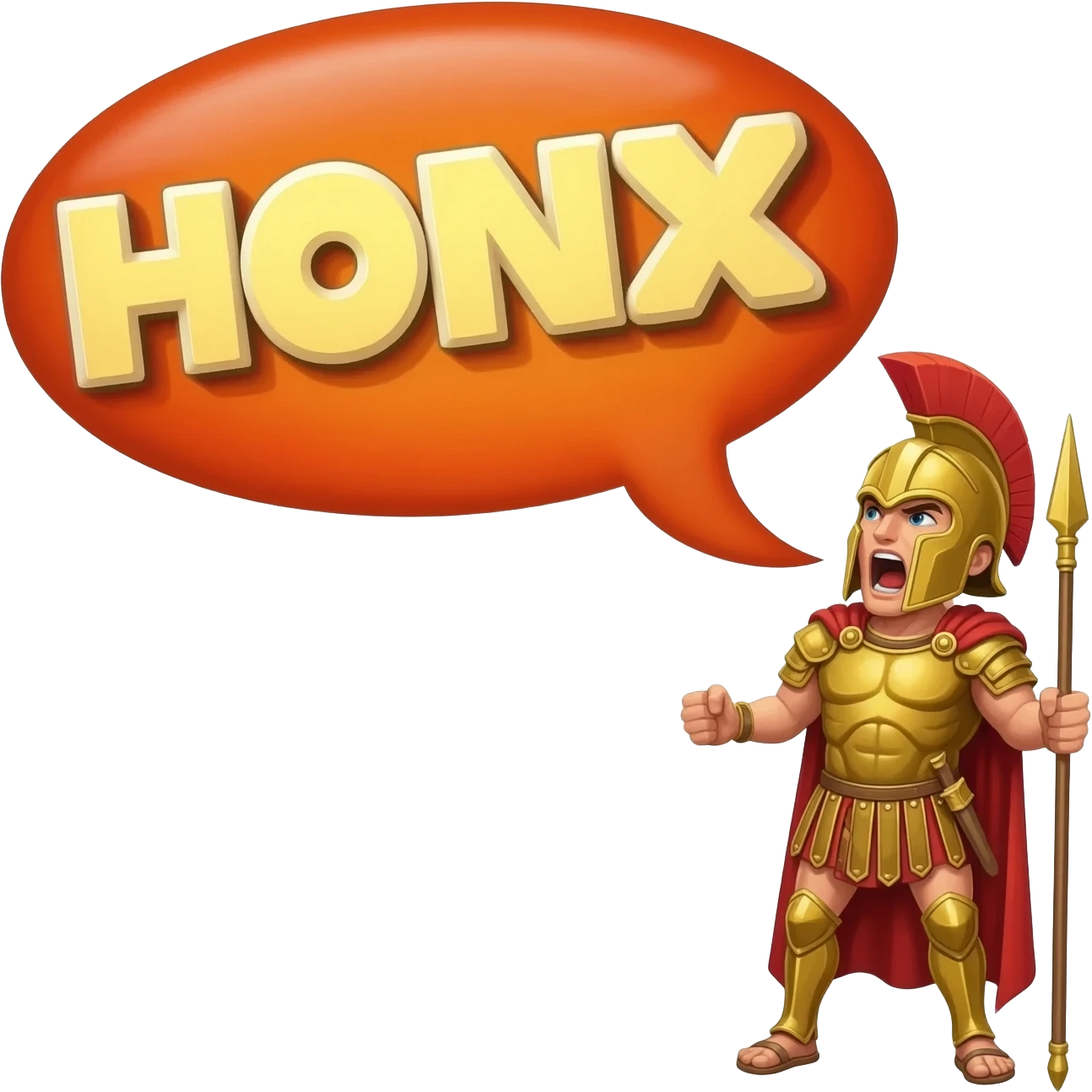Make the wmake the word bigger and the geeae smallerarrior goose. A spartan warrior shouting "HONX". Put "honx" in a speeech bubble emoji
