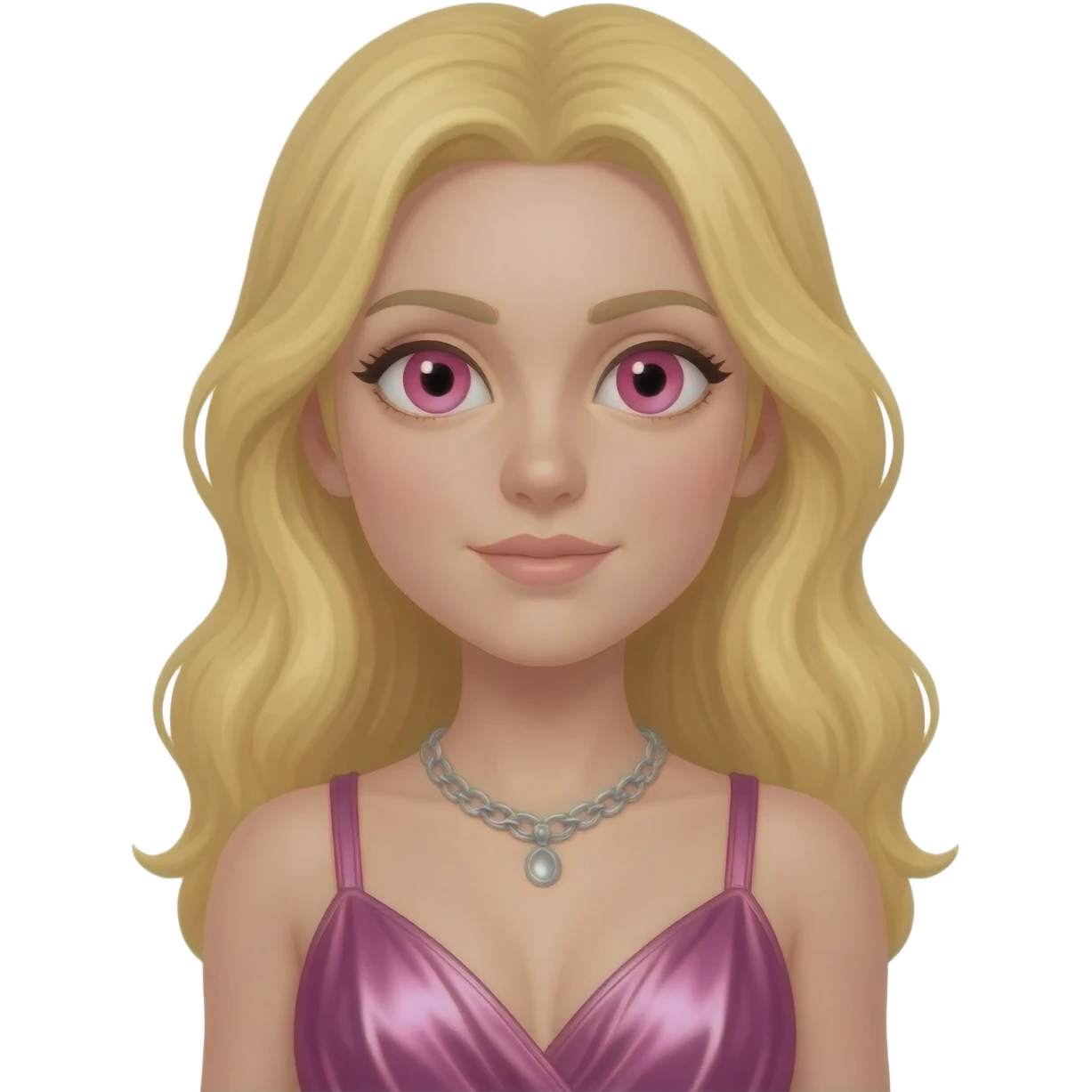 Aphrodite from Greek Mythology with pink eyes, long blonde hair, pink metallic coal dress, silver necklace emoji