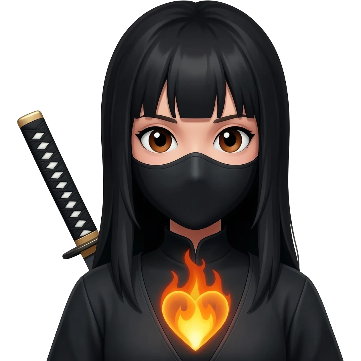 Girl, ninja, katana,fire heart, brown eyes, long hair, black hair, mask, emoji
