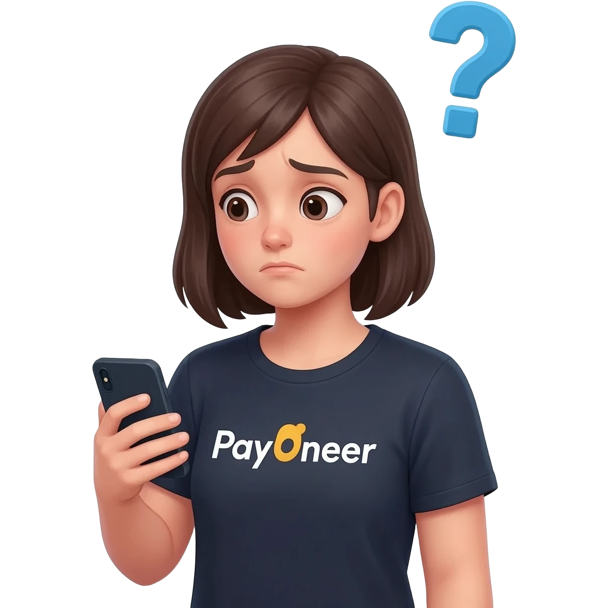 Girl looking at her phone with wondering face and a question mark wearing dark tshirt with payoneer written on it not a logo, just a word in the same font as on logo emoji