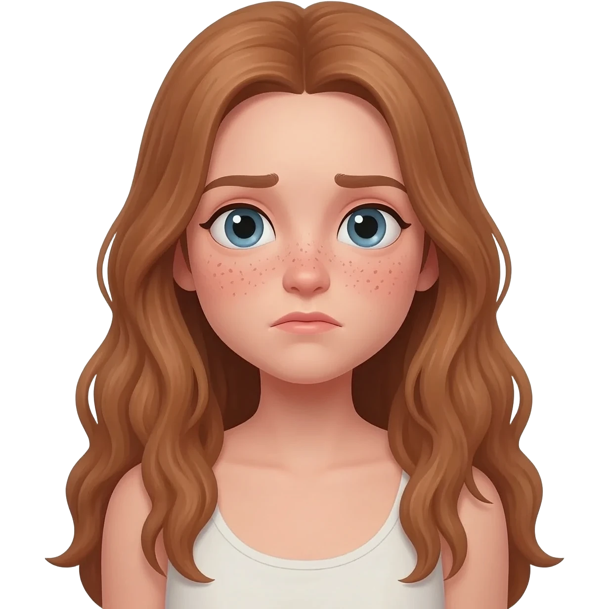 una niña con pelo largo i con pecas, de raza blanca, sentada y aburrida emoji