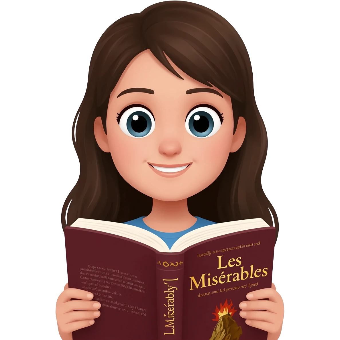 white happy long haired brunette girl reading Les mis emoji